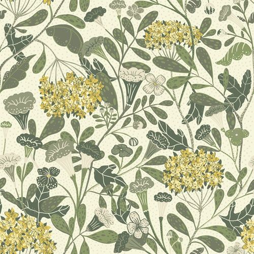 Hybbe tapet med blommigt mönster i grön. Från kollektionen Lina. Nonwoven-material med rak passning.