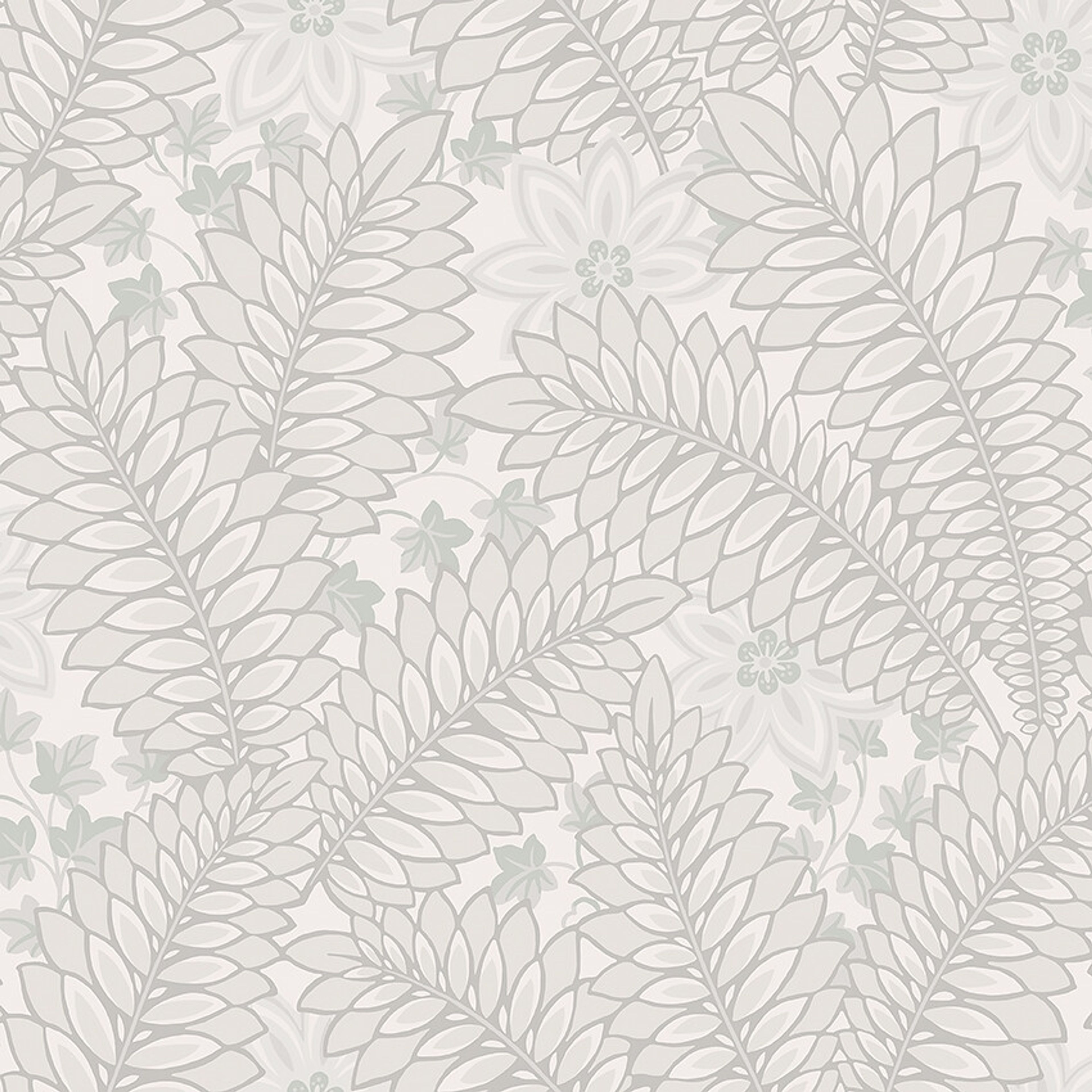 Hidden Ivy tapet i beige toner tapet med botaniskt, blommigt mönster i grå. Från kollektionen Treasured. Nonwoven-material med förskjuten passning. Passar i kök, hall och arbetsrum.