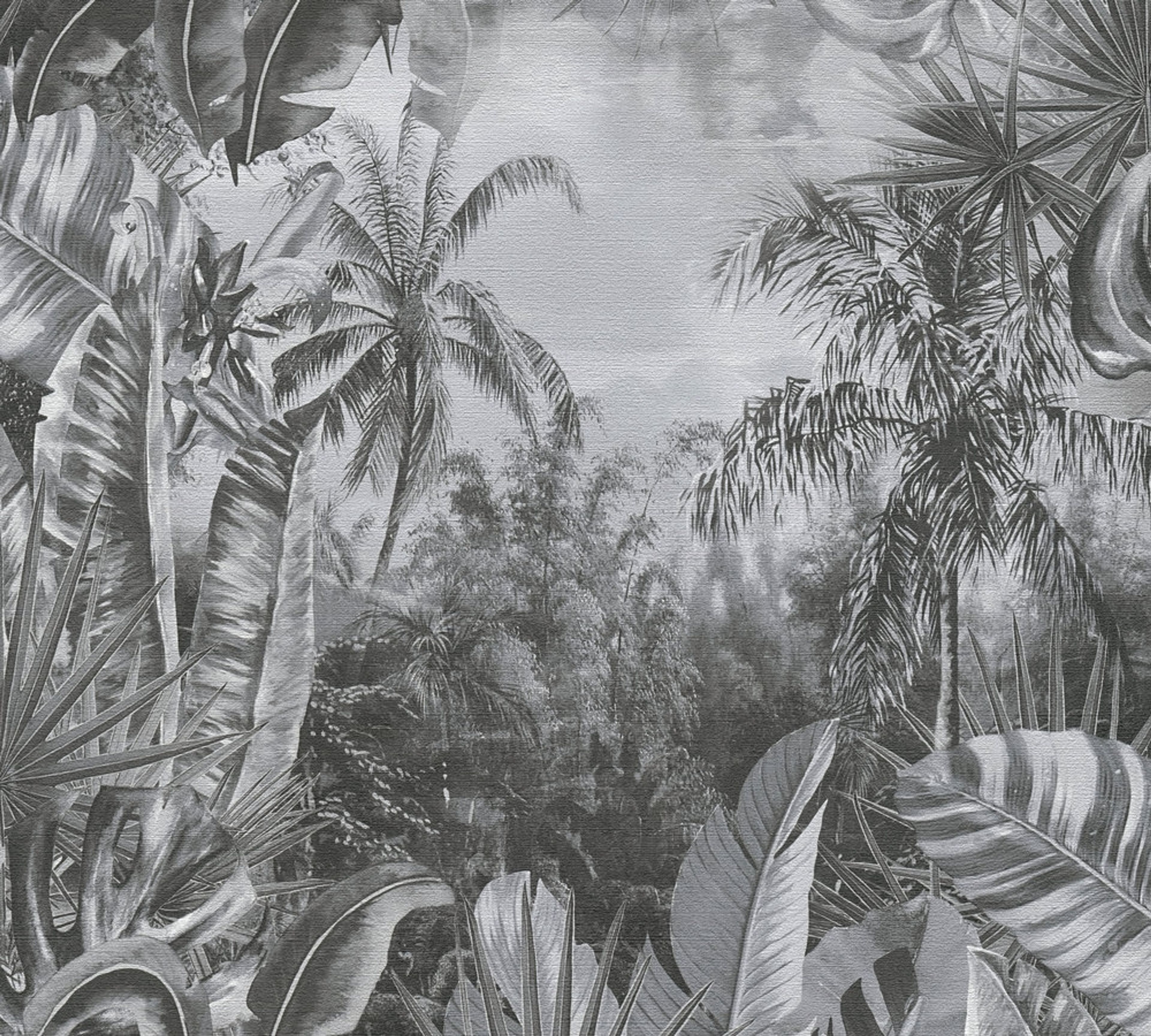 Aruba Jungle tapet med botaniskt mönster i svart. Från kollektionen Aruba. Nonwoven-material med förskjuten passning. Passar i vardagsrum och matsal.