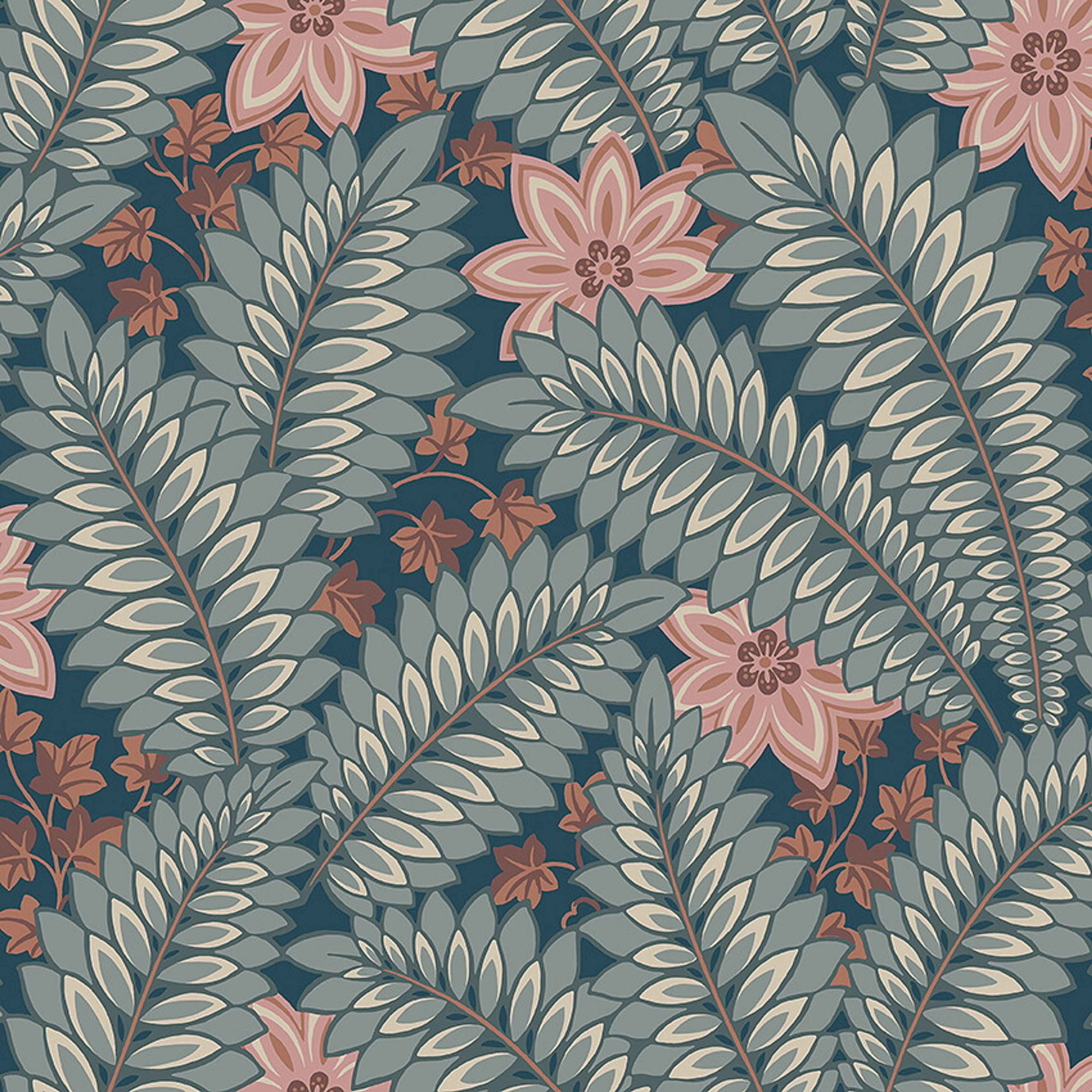 Hidden Ivy tapet i blå toner tapet med botaniskt, blommigt mönster i blå. Från kollektionen Treasured. Nonwoven-material med förskjuten passning. Passar i kök, hall och arbetsrum.