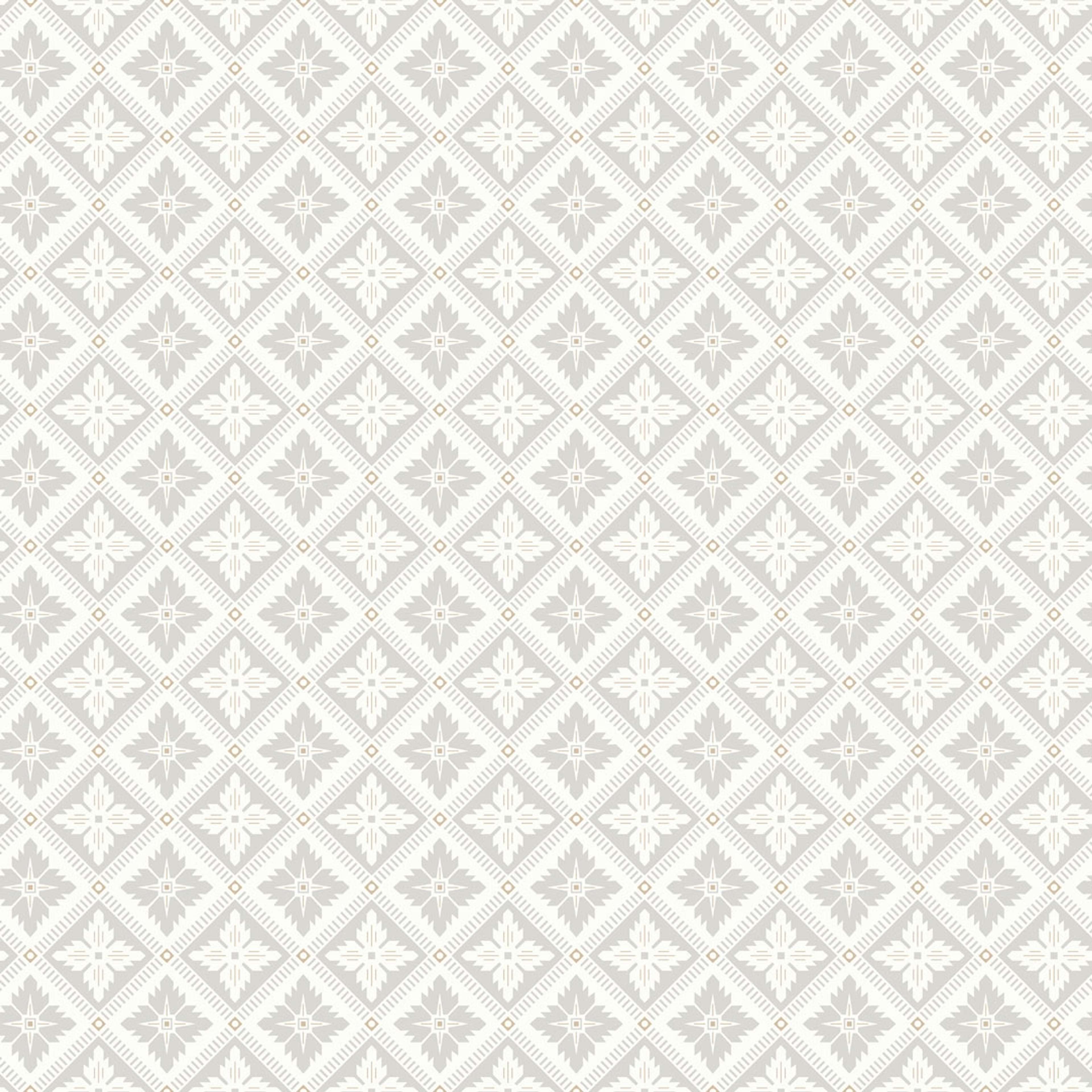 Loka, crémevit/ljusgrå tapet från Boråstapeter med geometriskt mönster i vit, guld och grå. Från kollektionen anno. Nonwoven-material med rak passning. Vintage, city-stil. Passar i sovrum och matsal.