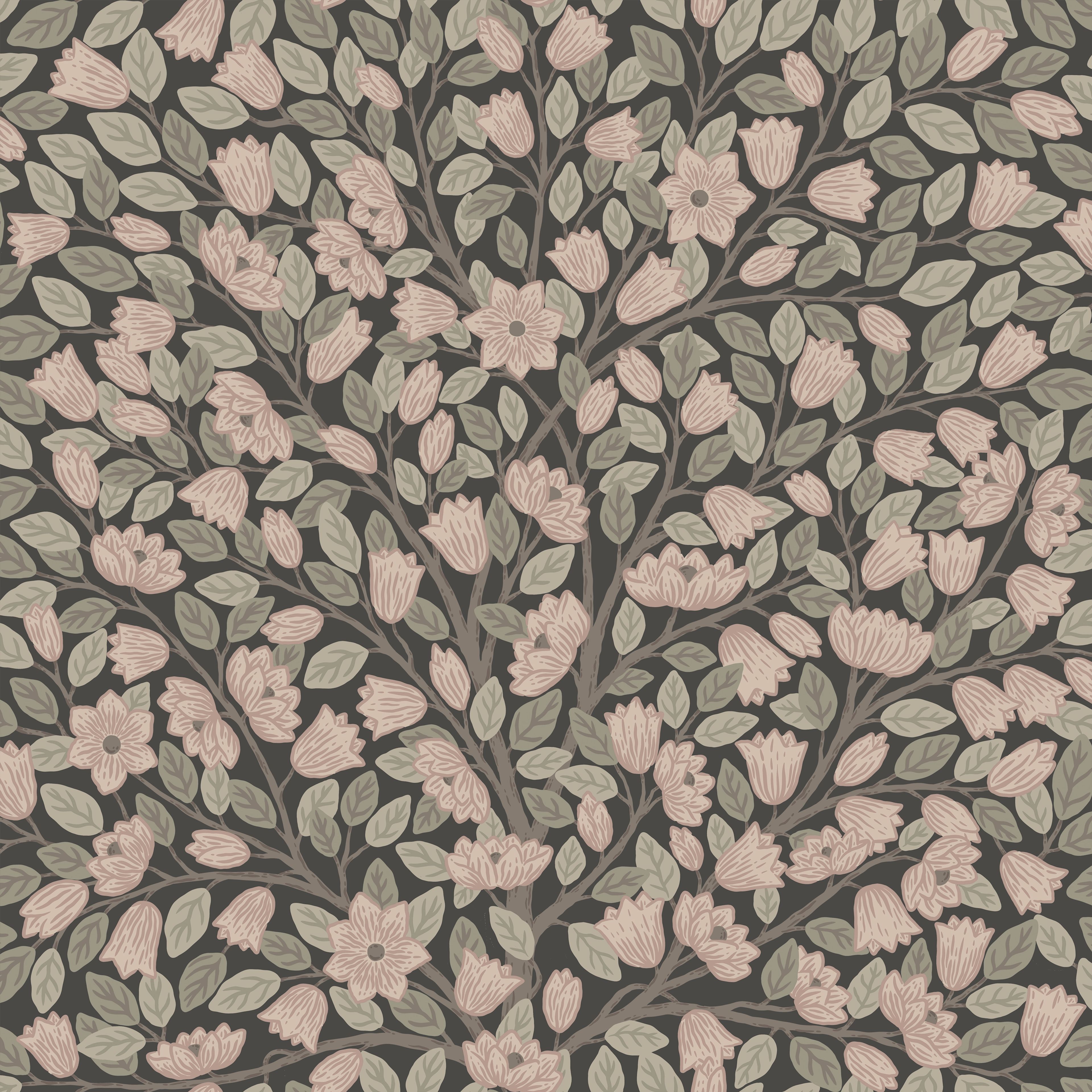 Klara o Tove magnolia svart, tapet tapet med blommigt mönster i svart. Från kollektionen Klara o Tove. Nonwoven-material med förskjuten passning. Passar i vardagsrum, sovrum och hall.