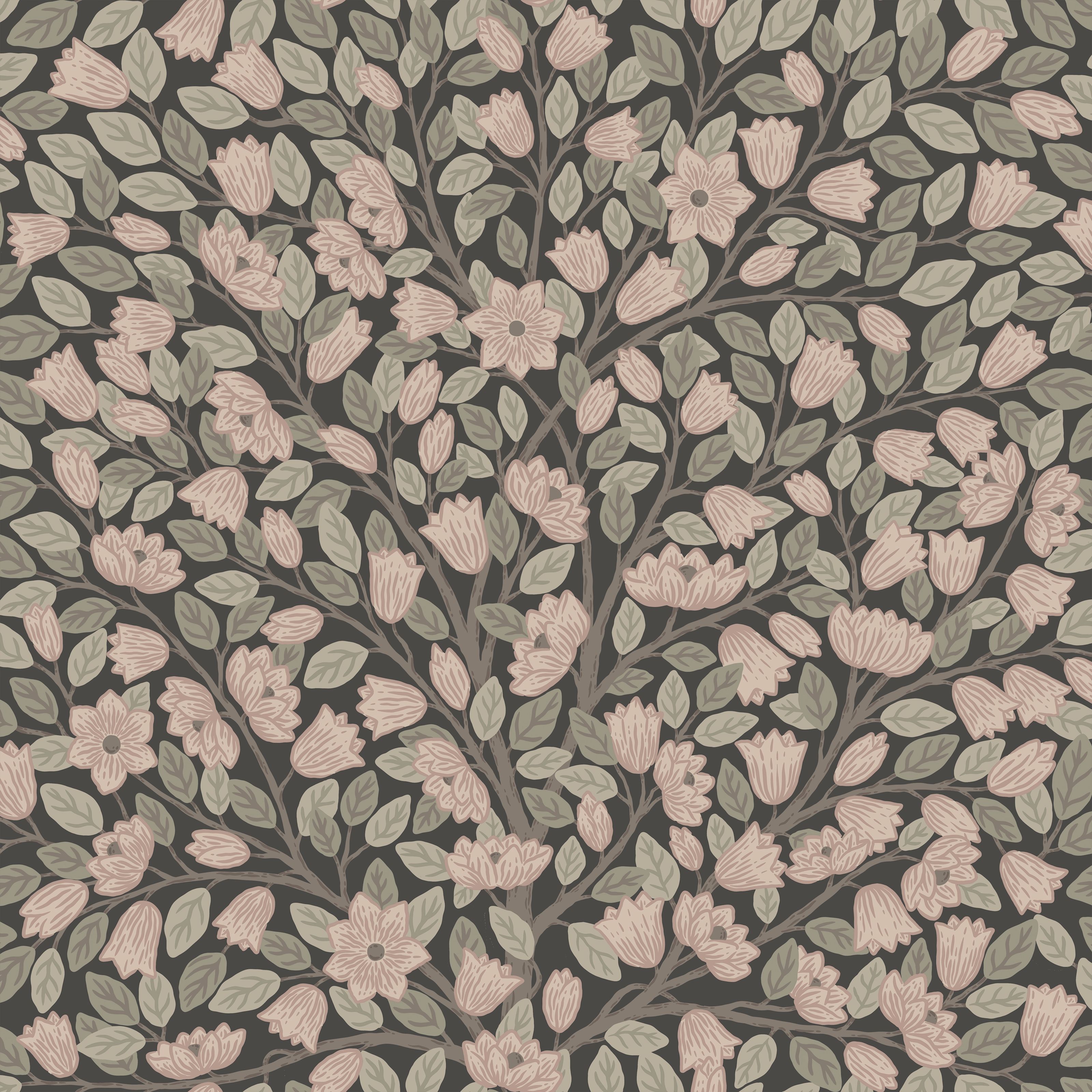 Klara o Tove magnolia svart, tapet tapet med blommigt mönster i svart. Från kollektionen Klara o Tove. Nonwoven-material med förskjuten passning. Passar i vardagsrum, sovrum och hall.