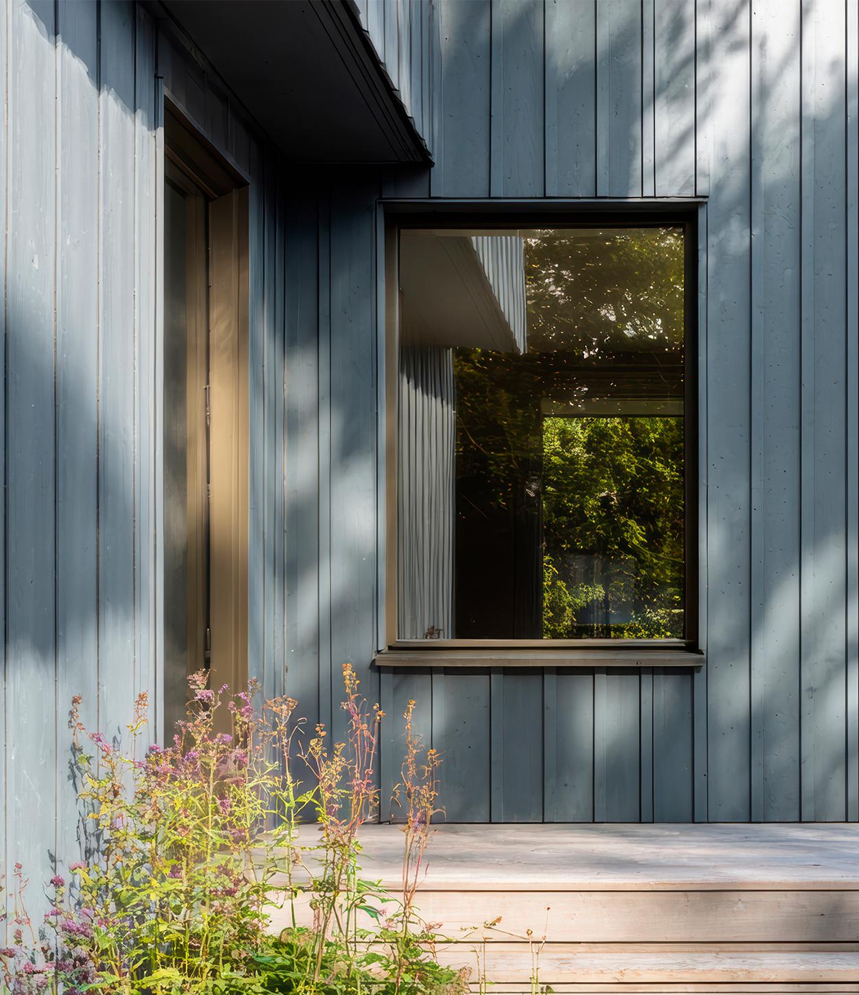 Blue-grey vertical siding on a building with a window reflecting trees, light wooden steps, and green plants with pink flowers.