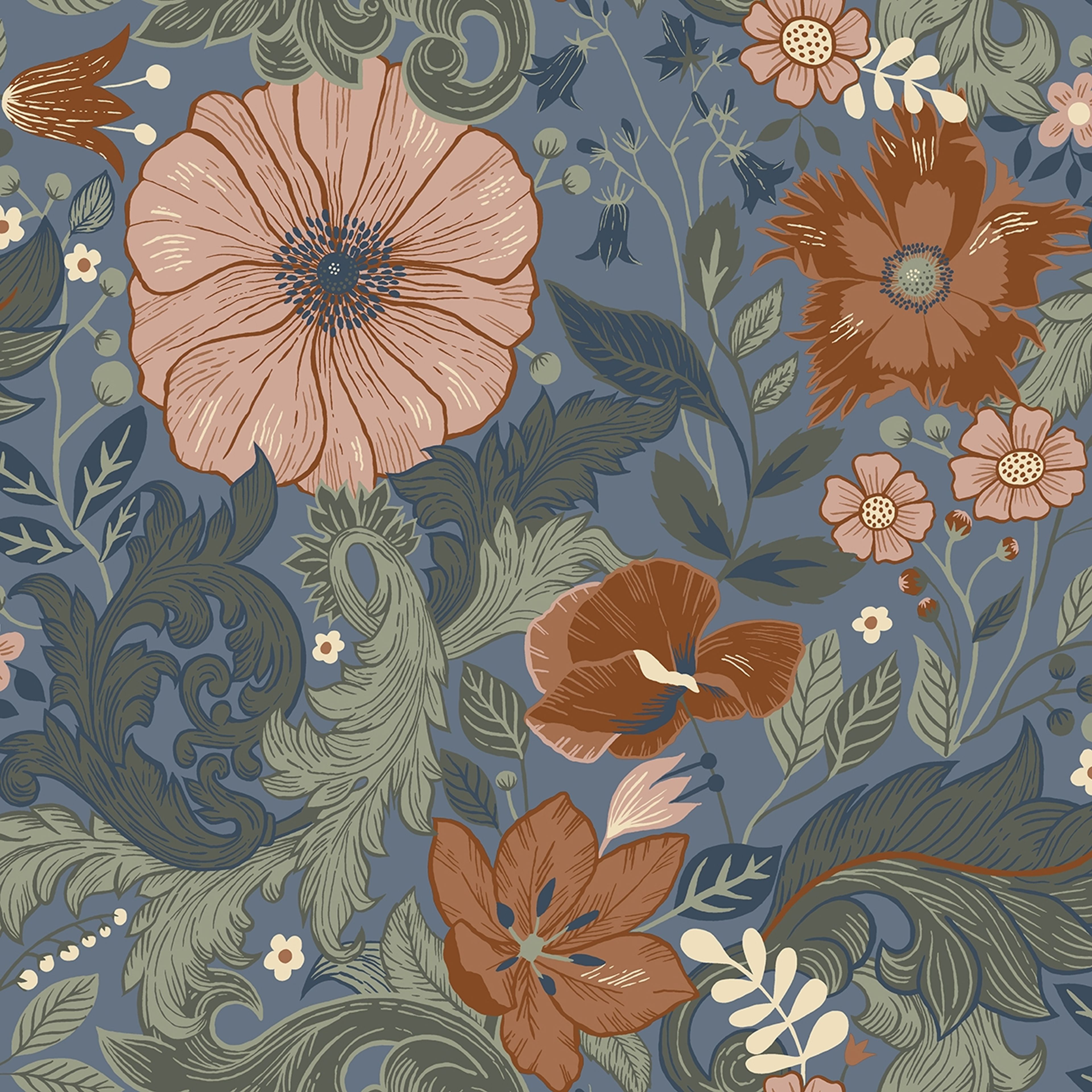 Victoria tapet med blommigt mönster i blå. Från kollektionen Ängås. Nonwoven-material med förskjuten passning. Country, city-stil.