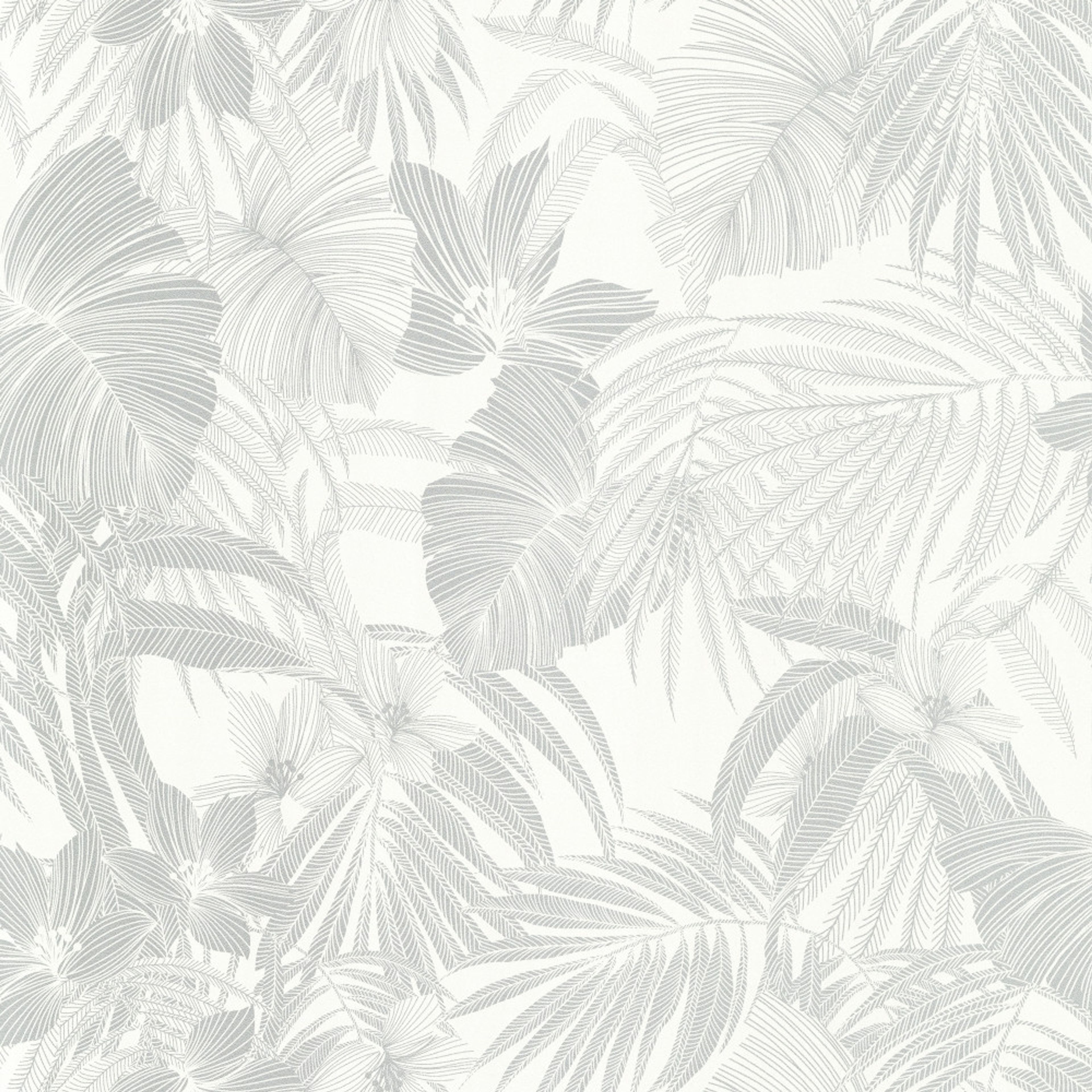 Joelle tapet med djur, botaniskt mönster i vit och grå. Från kollektionen Malika. Nonwoven-material med förskjuten passning. Passar i vardagsrum och matsal.