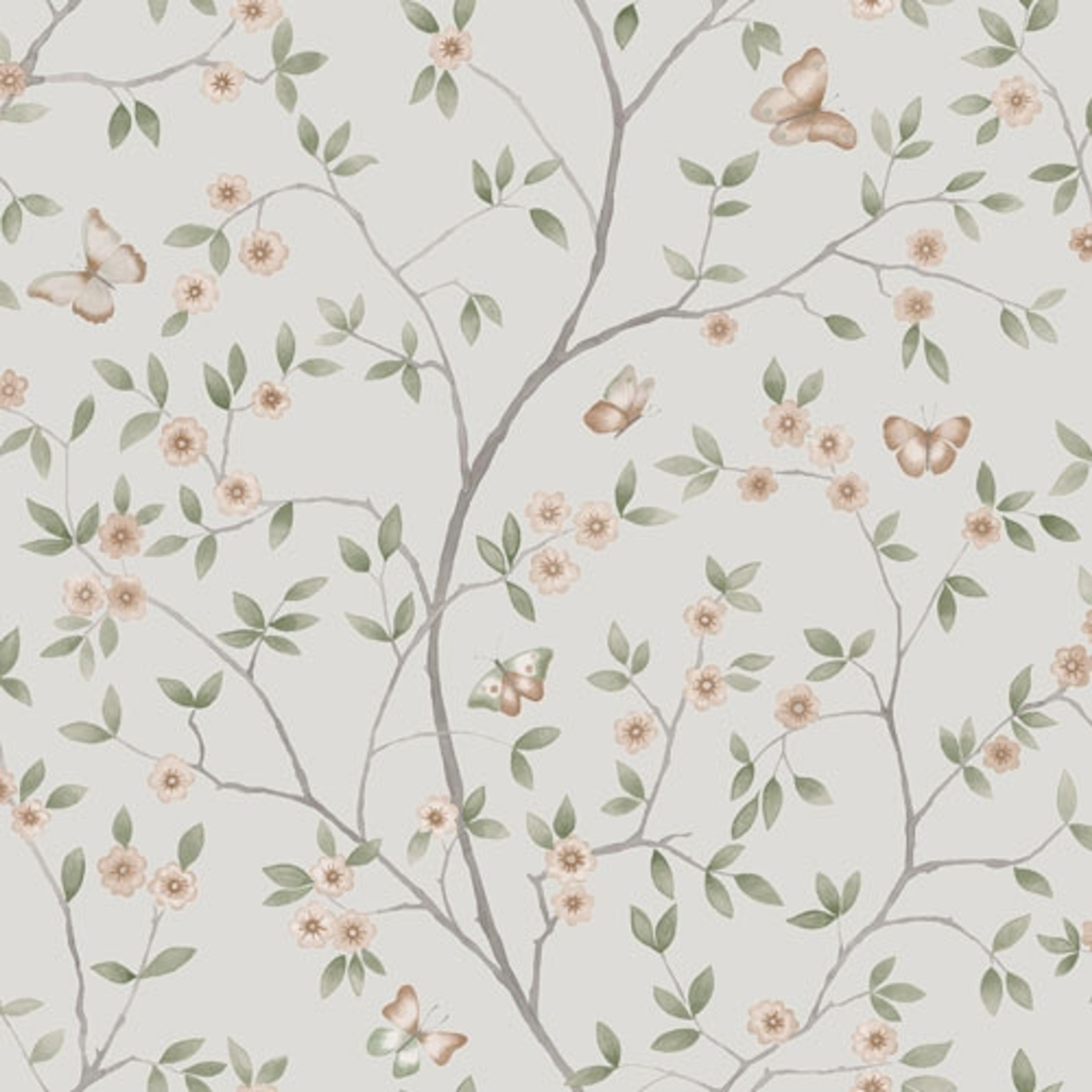 Hilma småblommig, ljusgrå tapet från Midbec med botaniskt mönster i vit. Från kollektionen Blomstermåla. Nonwoven-material med förskjuten passning.