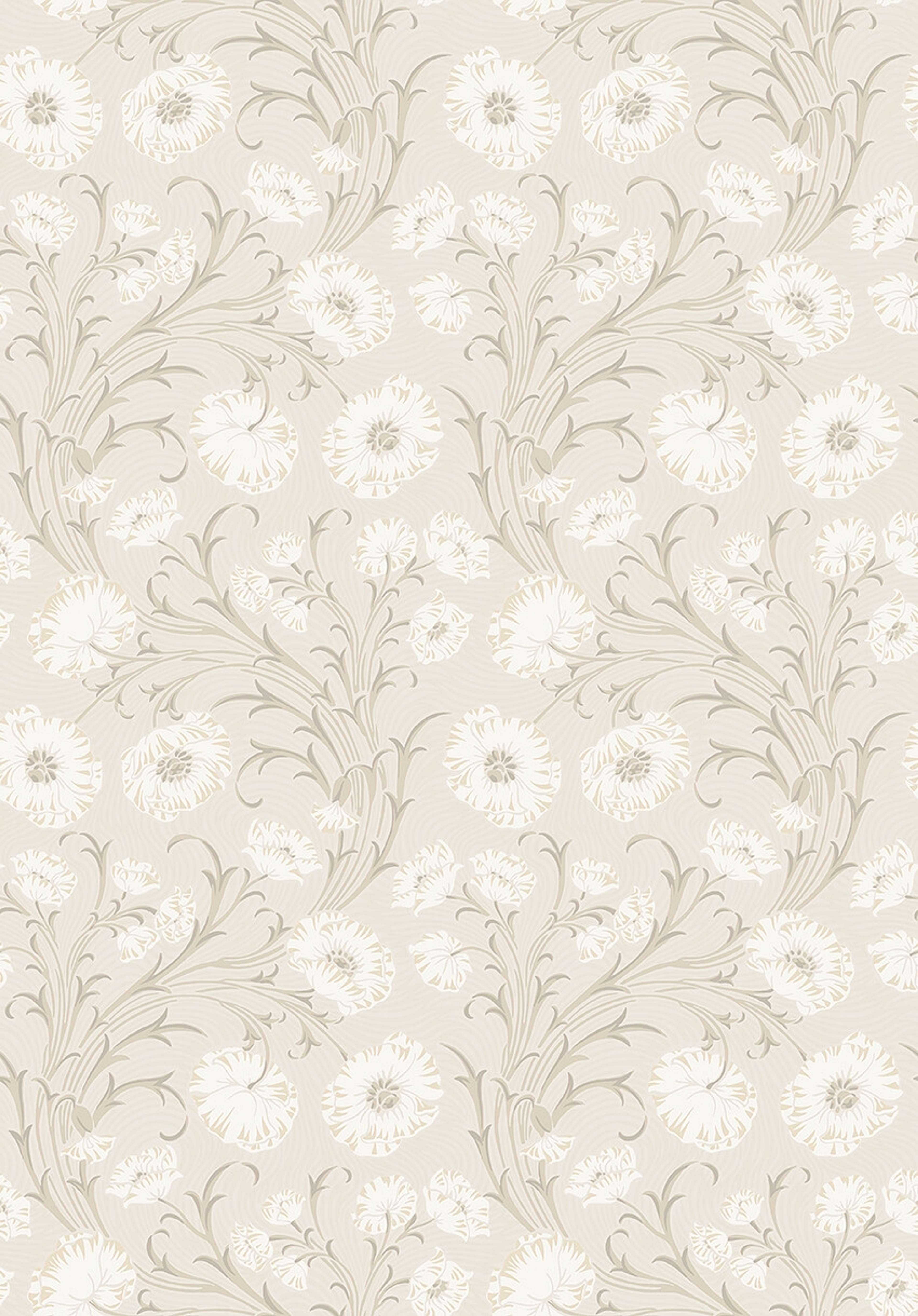 Poppy Flow blommor på gråbeige botten tapet med blommigt mönster i beige. Från kollektionen Treasured. Nonwoven-material med rak passning. Passar i kök, hall och arbetsrum.
