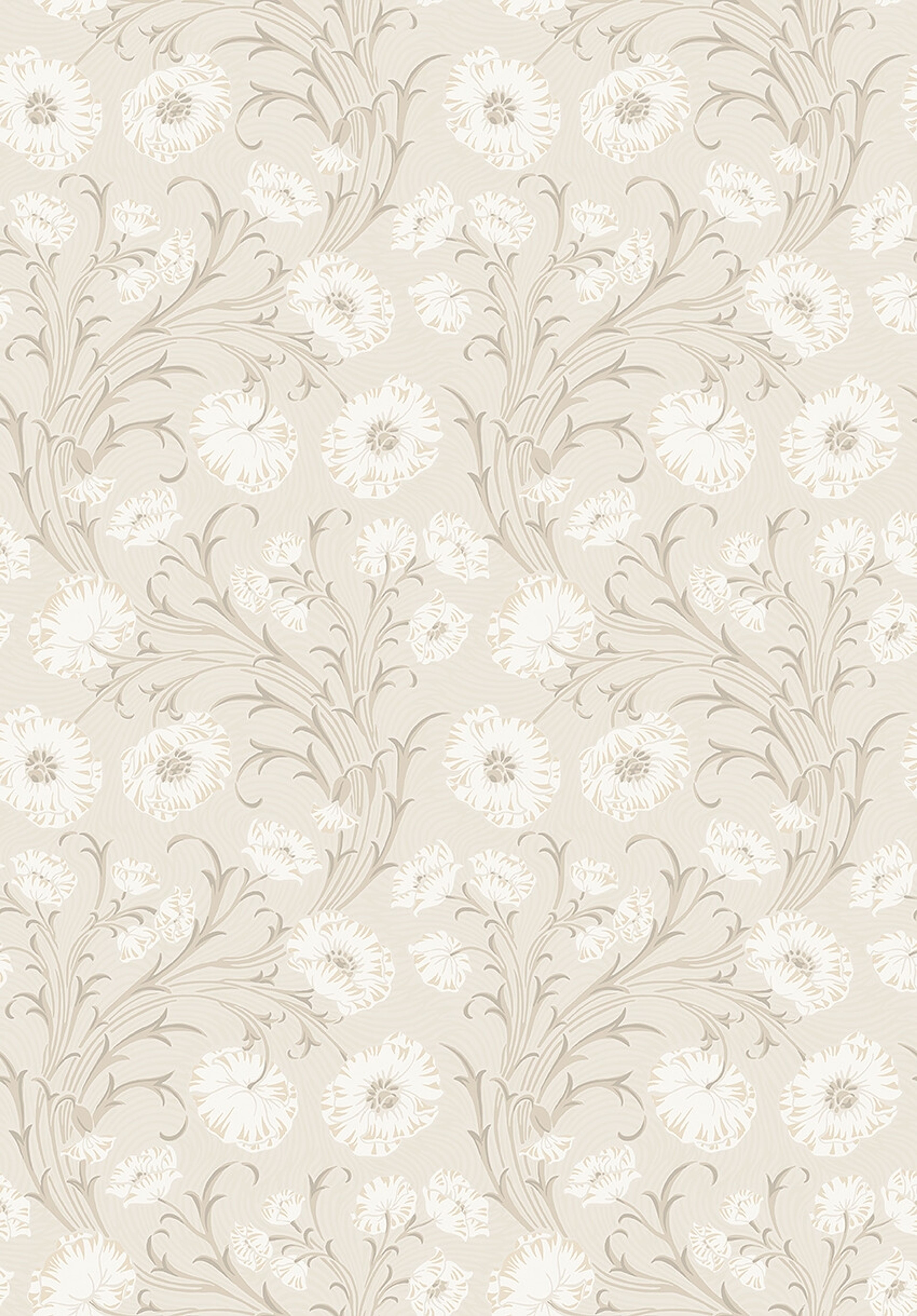Poppy Flow blommor på gråbeige botten tapet med blommigt mönster i beige. Från kollektionen Treasured. Nonwoven-material med rak passning. Passar i kök, hall och arbetsrum.