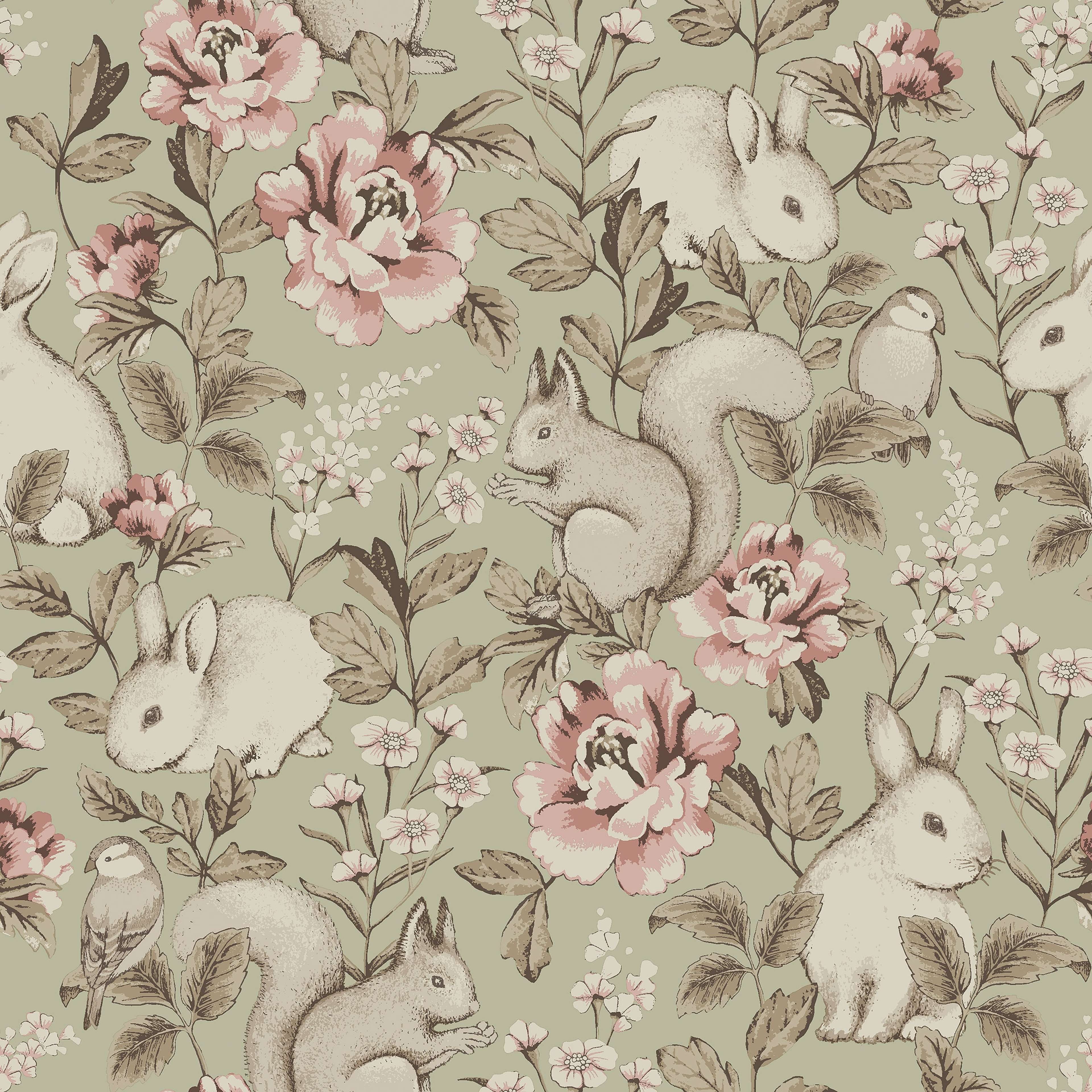 Magic Forest grön, tapet tapet med djur, blommigt, barnrum mönster i grön. Från kollektionen Newbie II Wallpaper. Nonwoven-material med rak passning. Passar i barnrum.