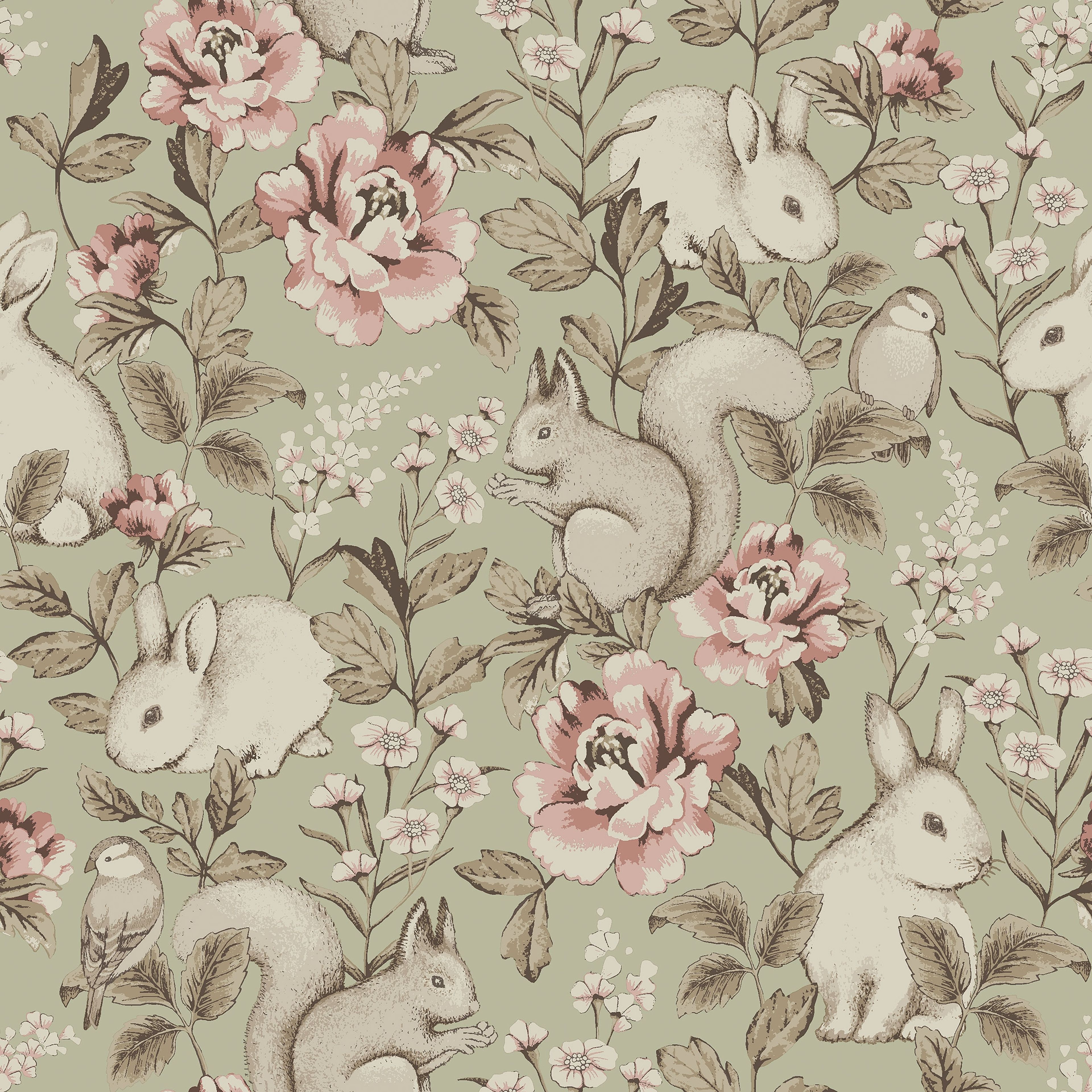 Magic Forest grön, tapet tapet med djur, blommigt, barnrum mönster i grön. Från kollektionen Newbie II Wallpaper. Nonwoven-material med rak passning. Passar i barnrum.