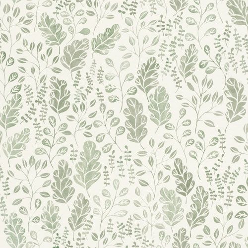 Vera ljus tapet med gröna blad tapet från Midbec med botaniskt mönster i vit och grön. Från kollektionen Morgongåva. Nonwoven-material med förskjuten passning.