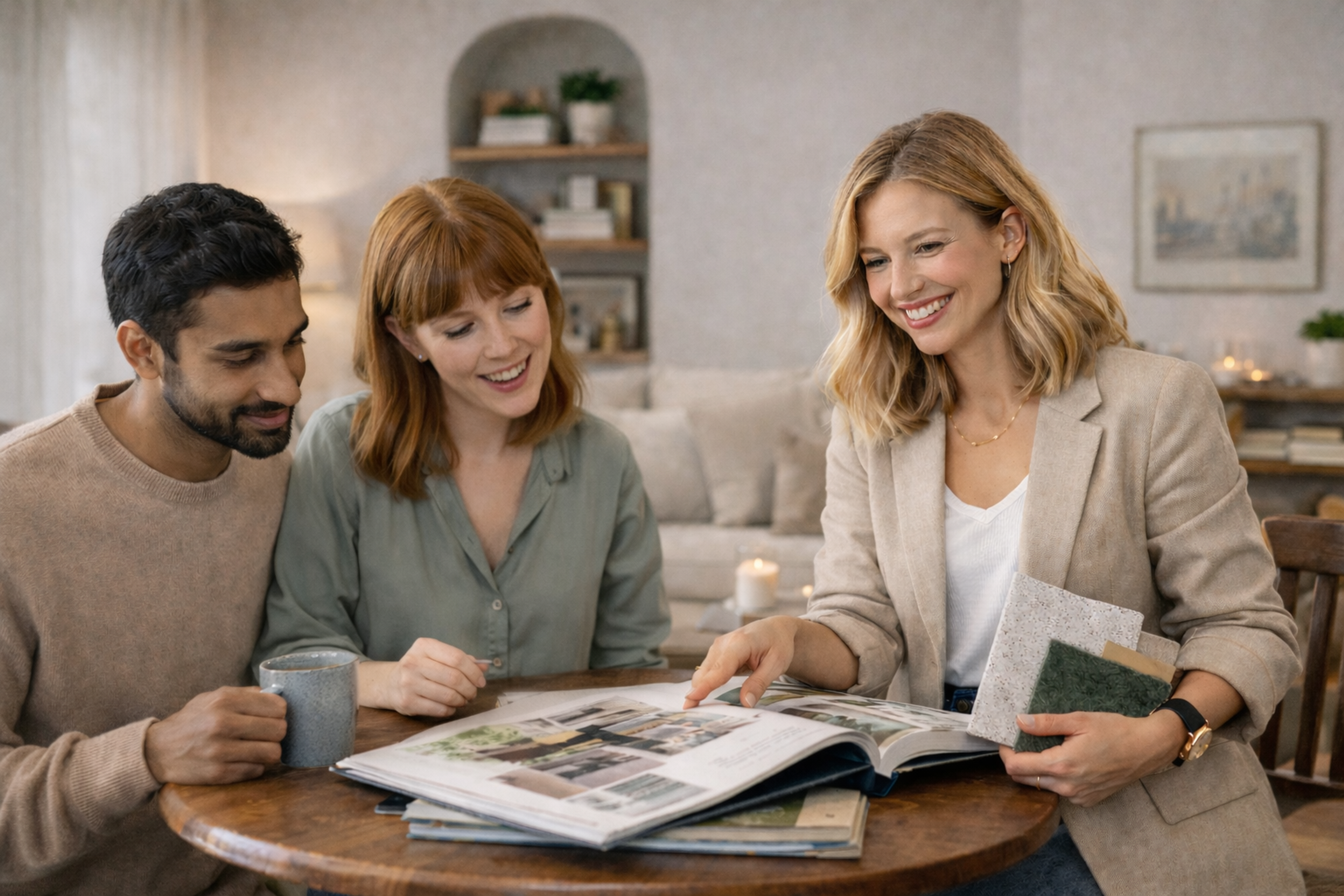 Three smiling people review a design catalog with fabric swatches.