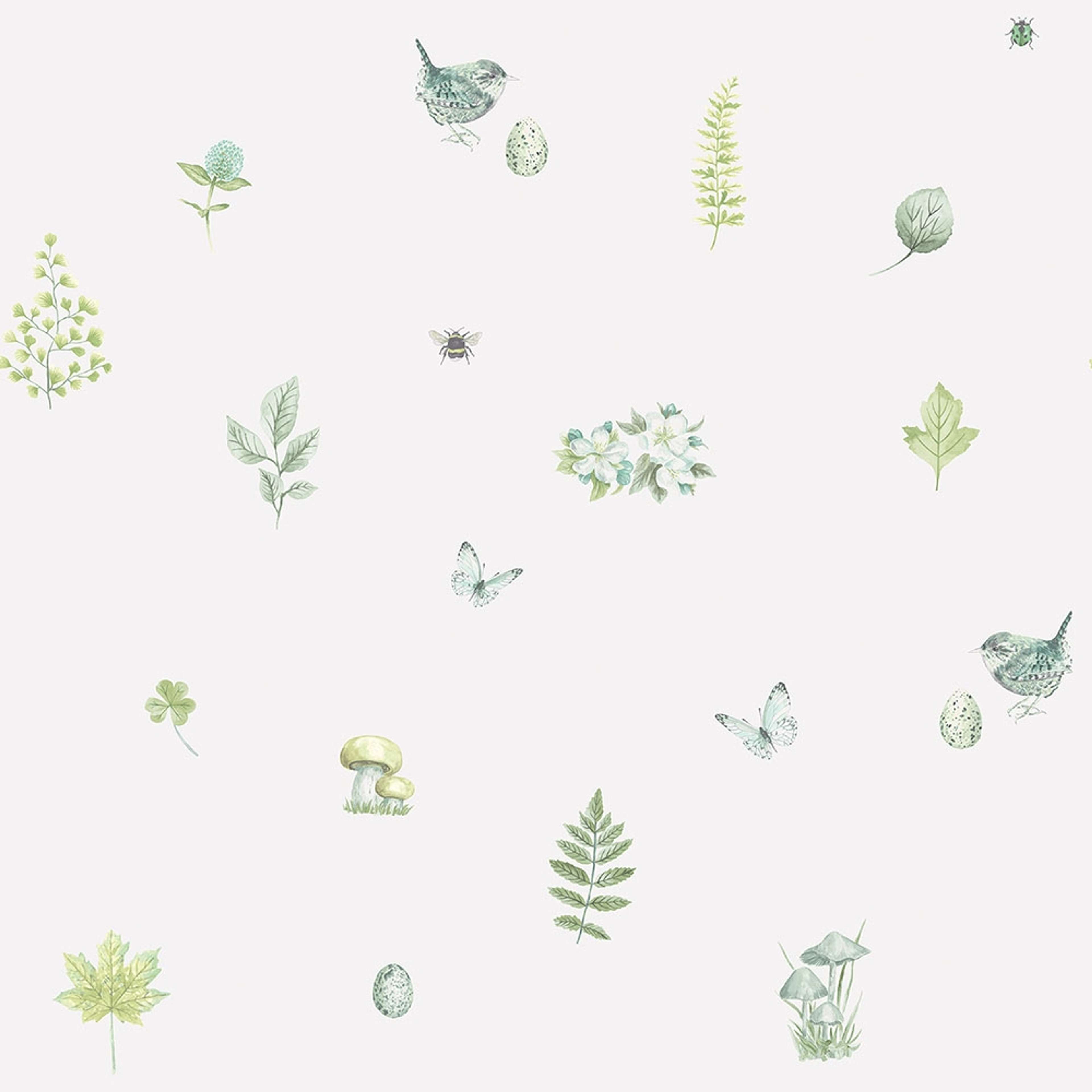 Meadow Spot tapet i vit och grön. Från kollektionen Just Kitchens. Nonwoven-material med rak passning.