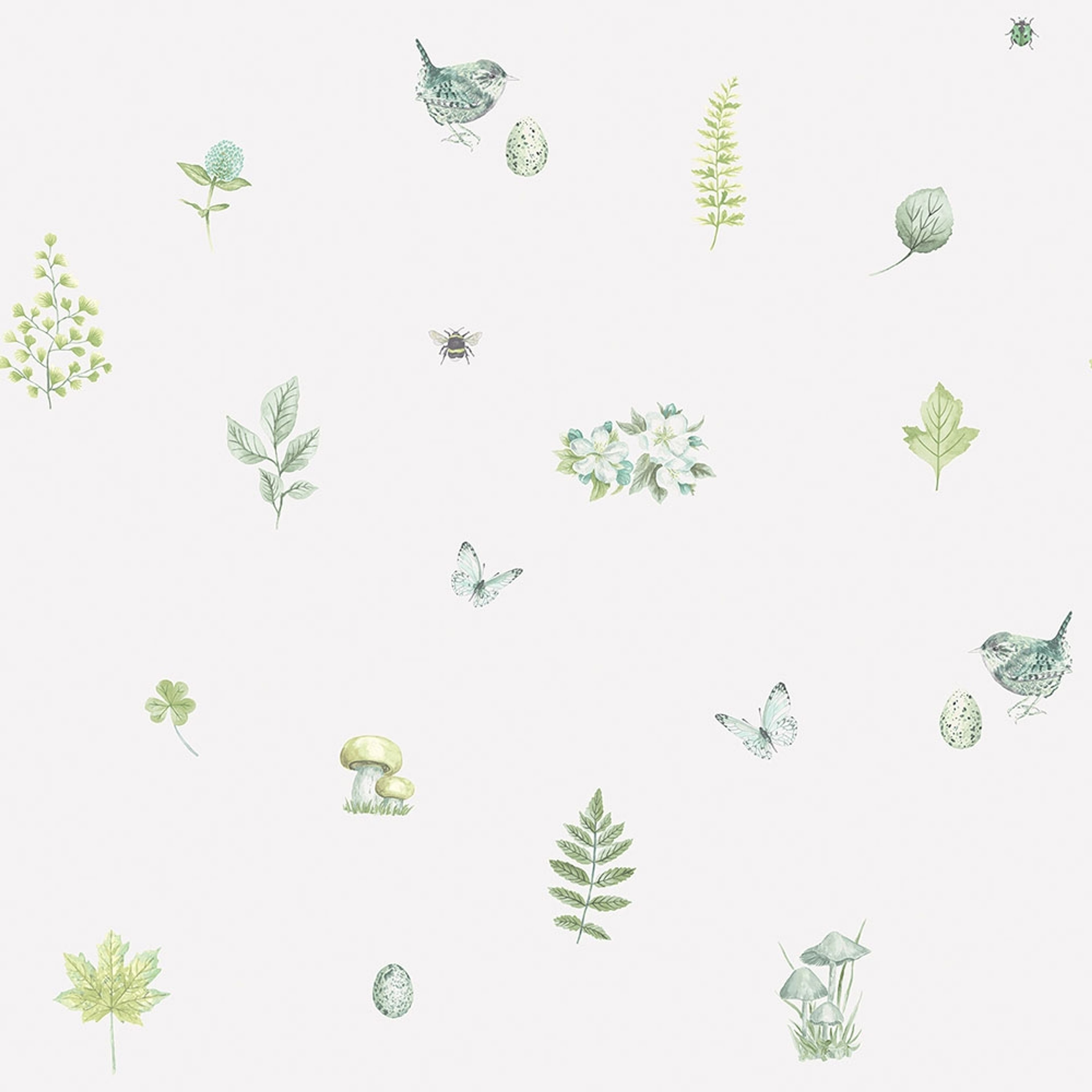 Meadow Spot tapet i vit och grön. Från kollektionen Just Kitchens. Nonwoven-material med rak passning.
