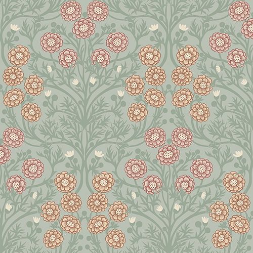 Bellis små blommor, grön tapet från Midbec med blommigt mönster i grön. Från kollektionen Ekbacka. Nonwoven-material med förskjuten passning.