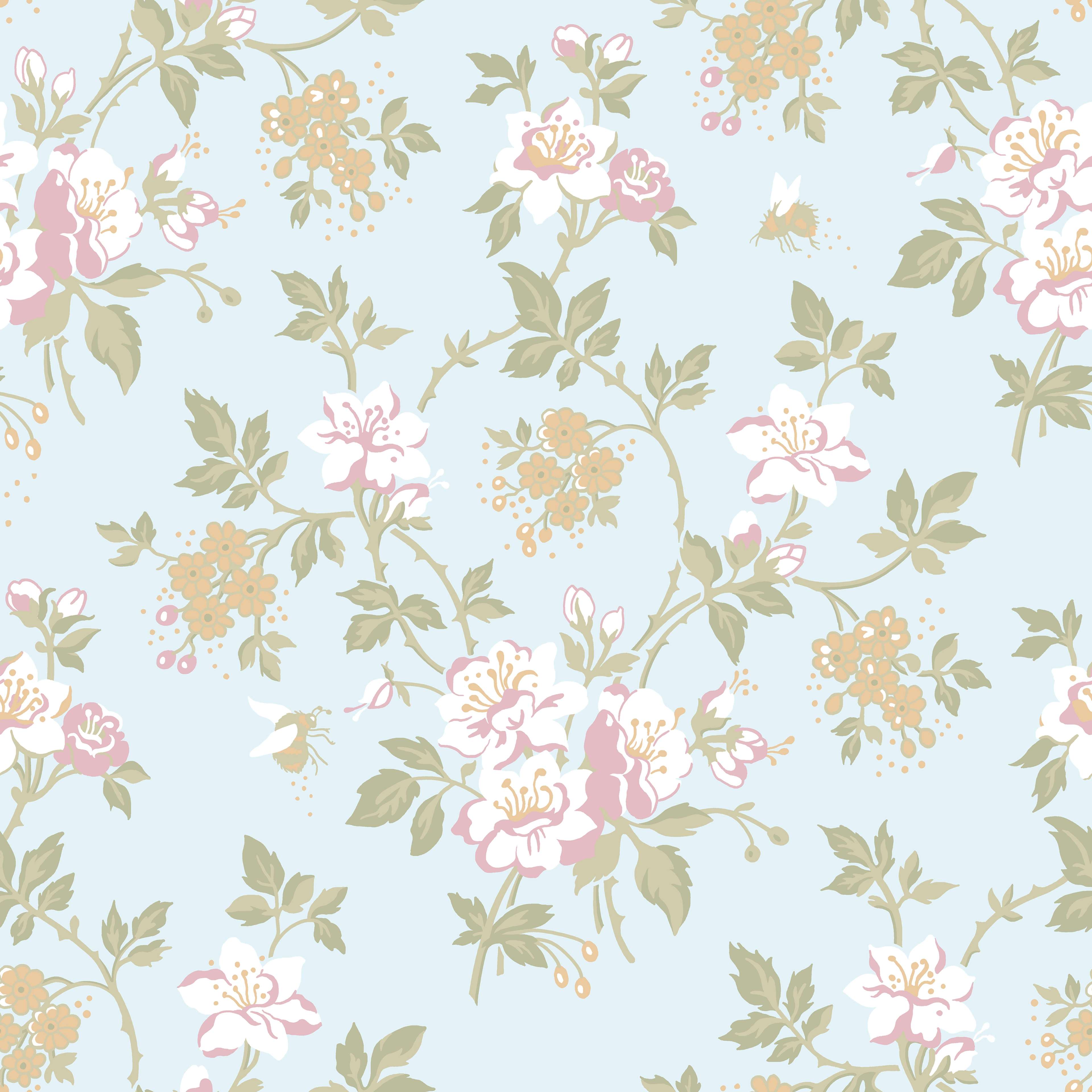 Ester Marias kammare, blå tapet från duro med blommigt mönster i blå. Från kollektionen Duro 1900. Nonwoven-material med rak passning. Country-stil.