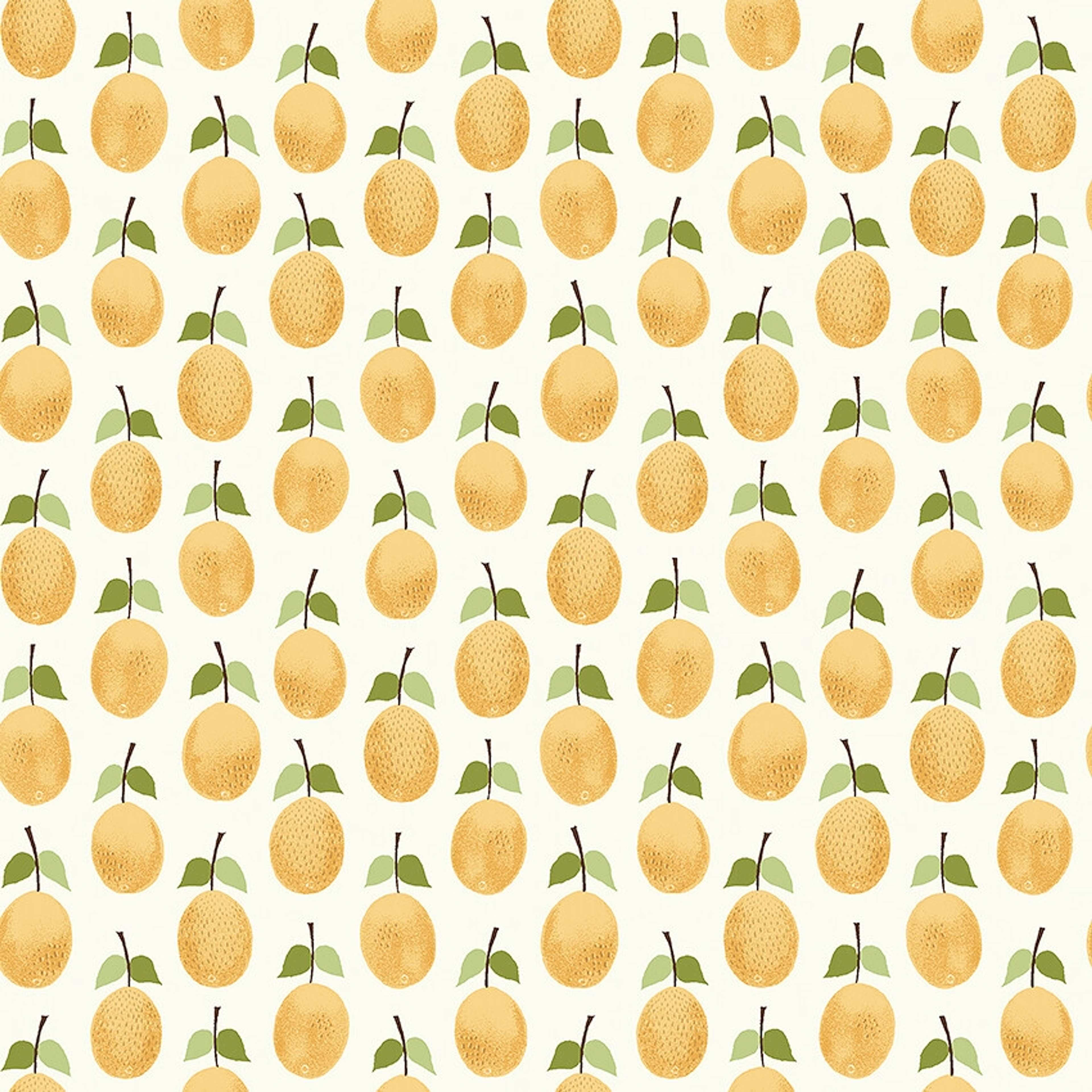Stig Lindberg Prunus tapet med botaniskt, retro mönster i gul och beige. Från kollektionen Scandinavian Designers III. Nonwoven-material med rak passning. Lek-stil.