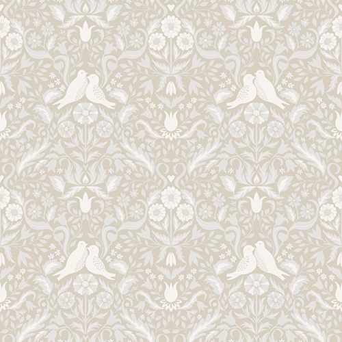 Niki blommor och fåglar, beige tapet från Midbec med blommigt mönster i beige. Från kollektionen Ekbacka. Nonwoven-material med rak passning.