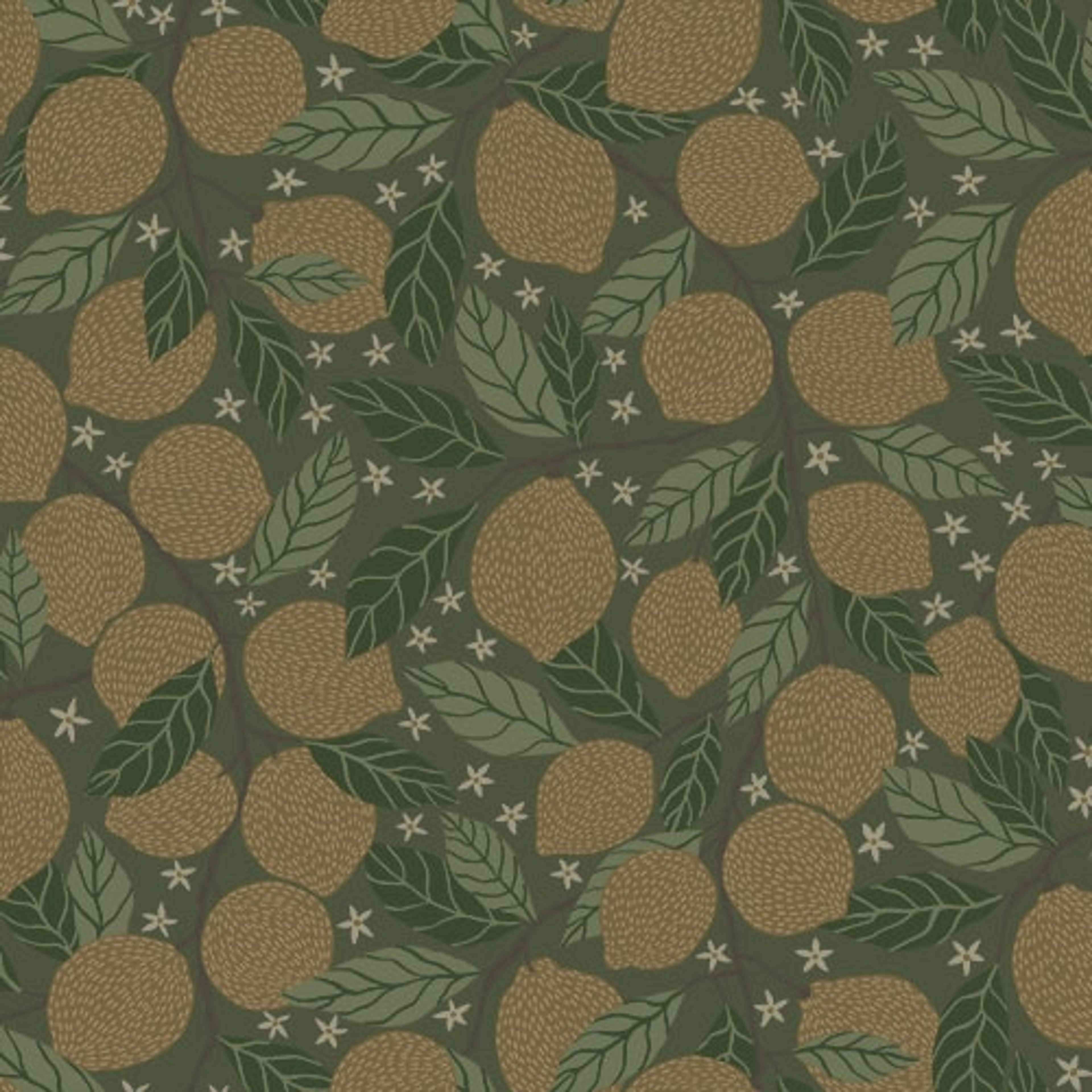 Lemona citroner, grön tapet med botaniskt mönster i grön. Från kollektionen Grönhaga. Nonwoven-material med förskjuten passning. Passar i barnrum.
