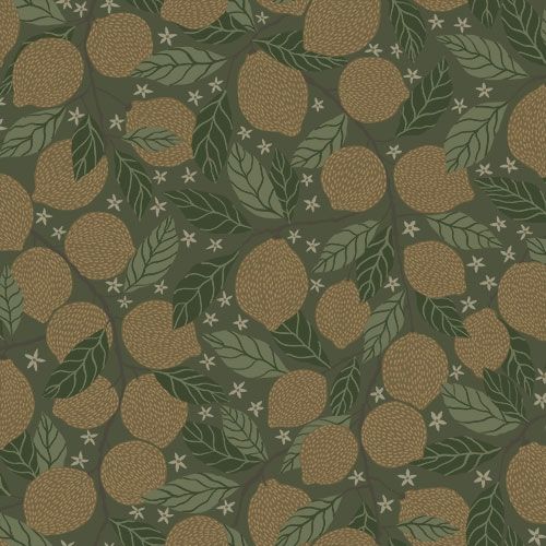 Lemona citroner, grön tapet med botaniskt mönster i grön. Från kollektionen Grönhaga. Nonwoven-material med förskjuten passning. Passar i barnrum.