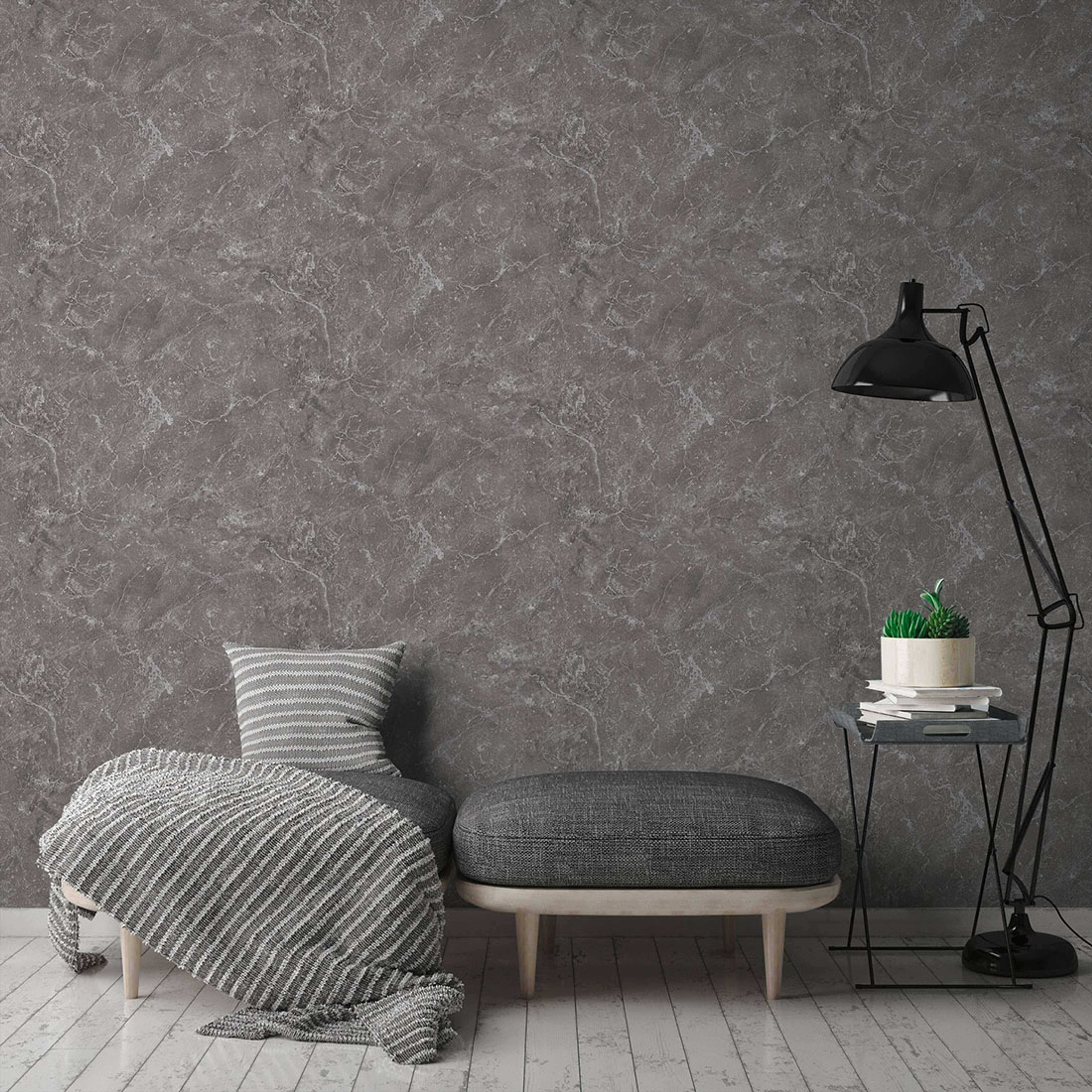 Aruba Marble tapet med tegelsten mönster i grå. Från kollektionen Aruba. Nonwoven-material med förskjuten passning. Passar i vardagsrum och matsal.