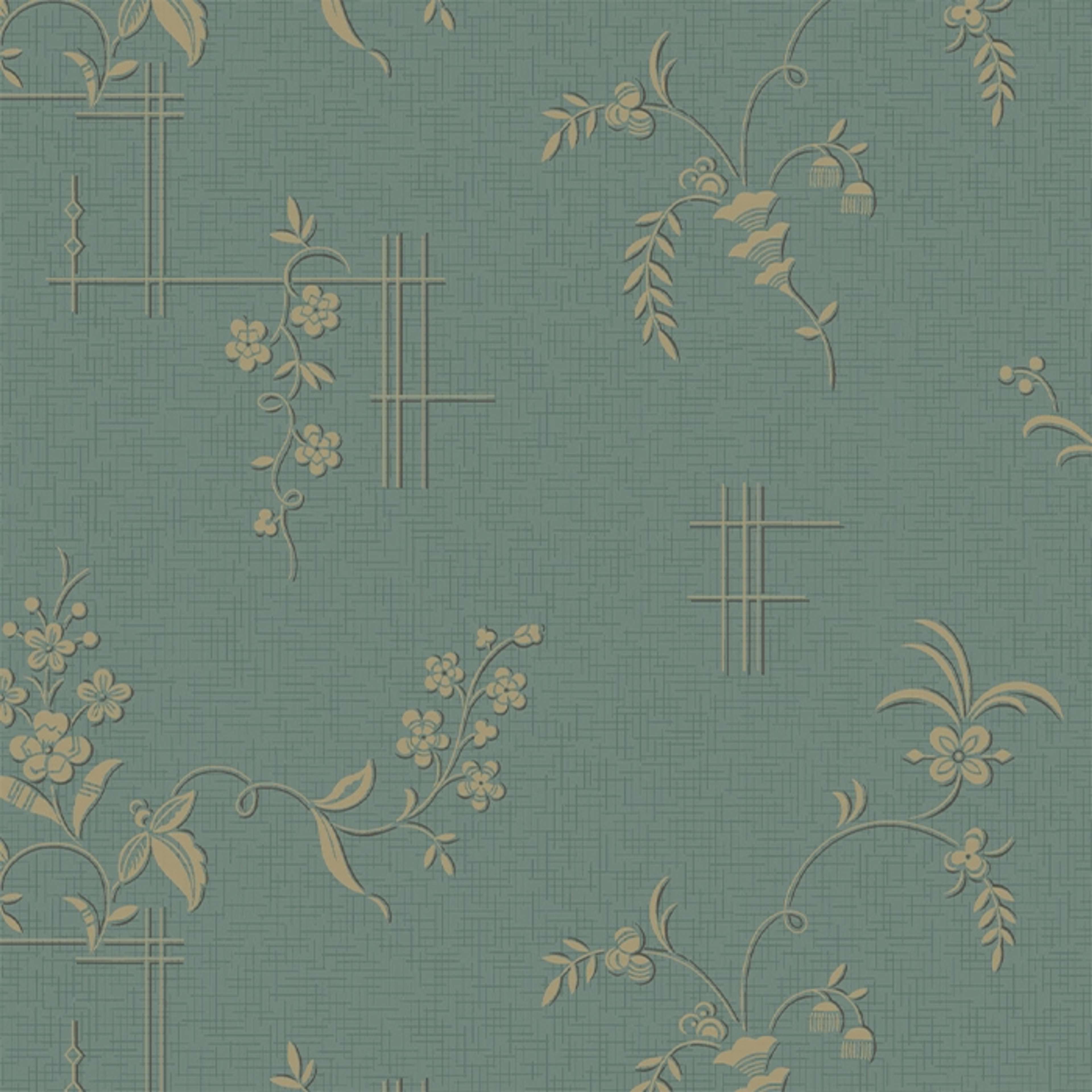 Ulricehamn tapet från Boråstapeter med blommigt mönster i guld och grön. Från kollektionen anno. Nonwoven-material med förskjuten passning. Lyx, city-stil. Passar i sovrum och matsal.