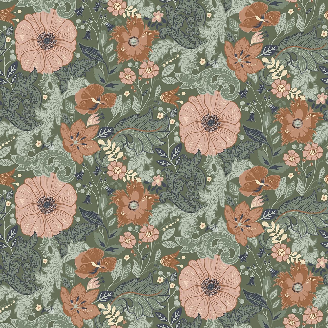 Victor tapet med blommigt mönster i rosa. Från kollektionen Ängås. Nonwoven-material med rak passning.