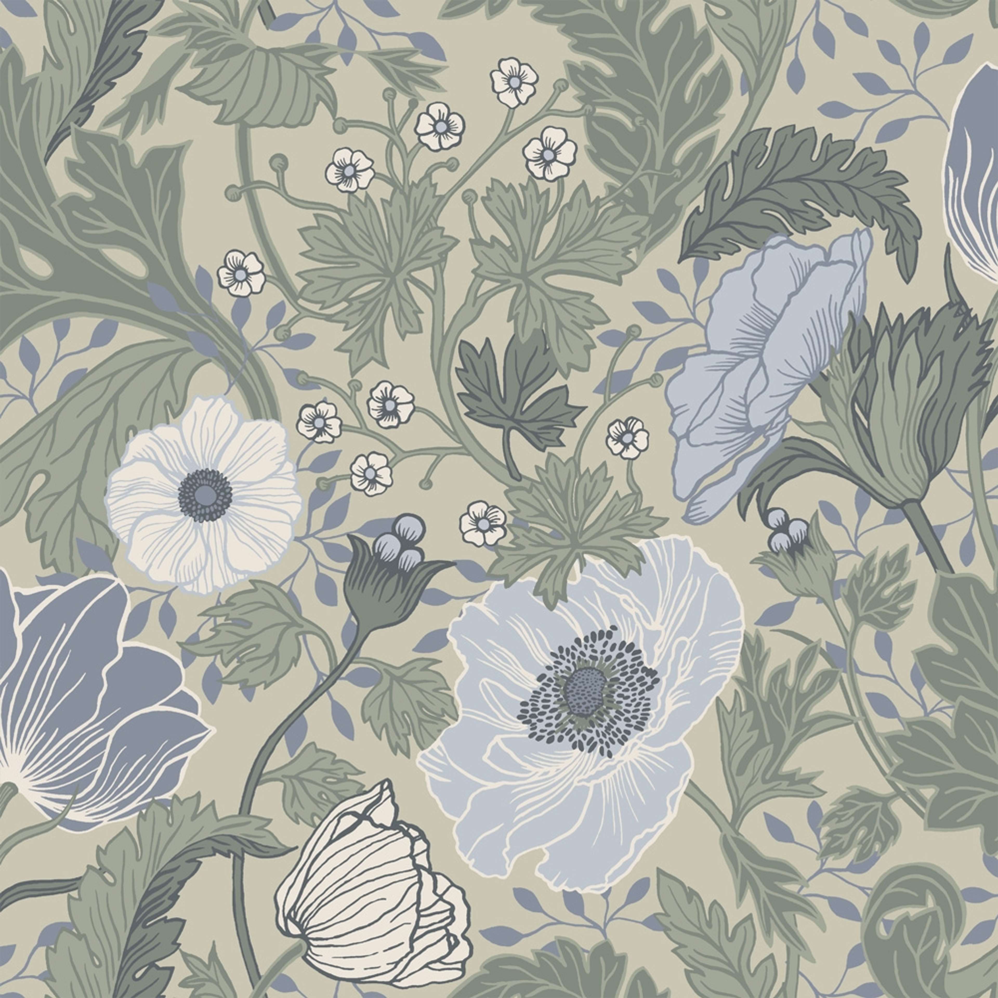 Anemone tapet med blommigt mönster i beige. Från kollektionen Fågelsång. Nonwoven-material med förskjuten passning. Country, city-stil.