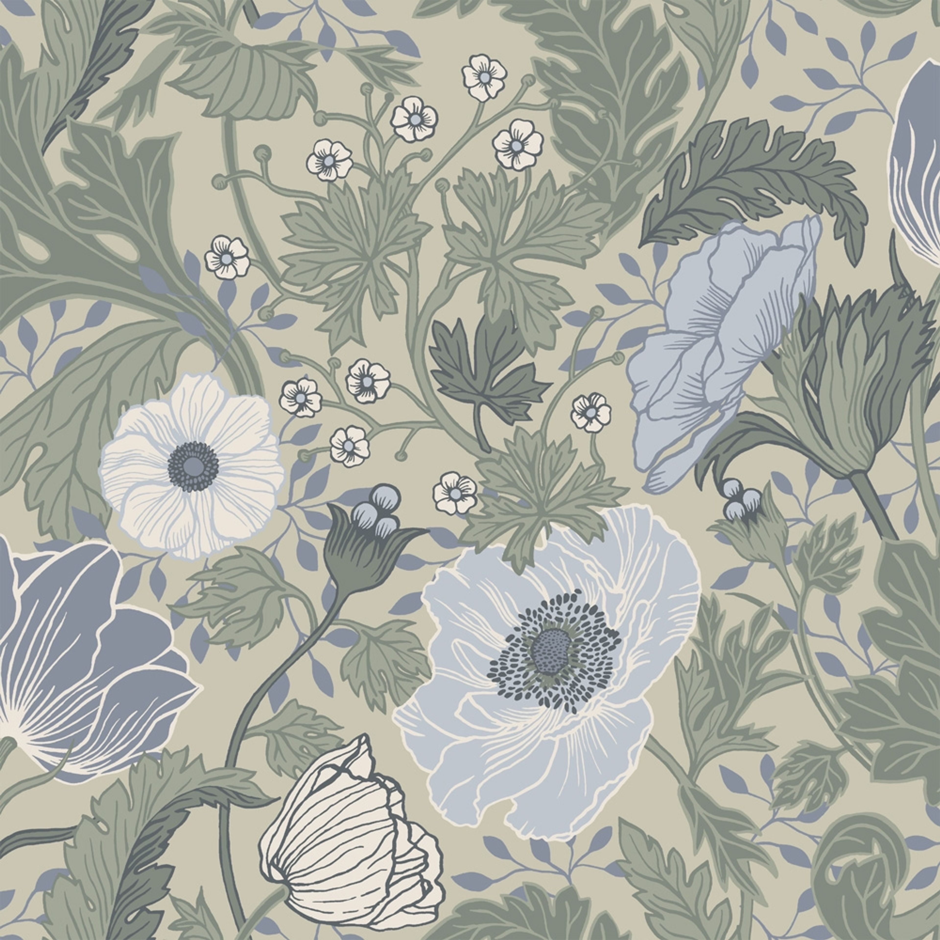 Anemone tapet med blommigt mönster i beige. Från kollektionen Fågelsång. Nonwoven-material med förskjuten passning. Country, city-stil.