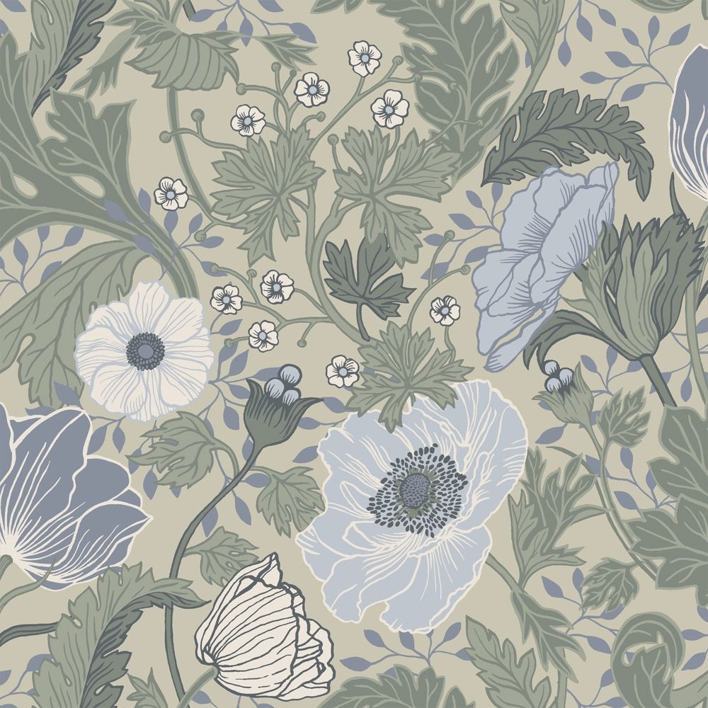Anemone tapet med blommigt mönster i beige. Från kollektionen Fågelsång. Nonwoven-material med förskjuten passning. Country, city-stil.