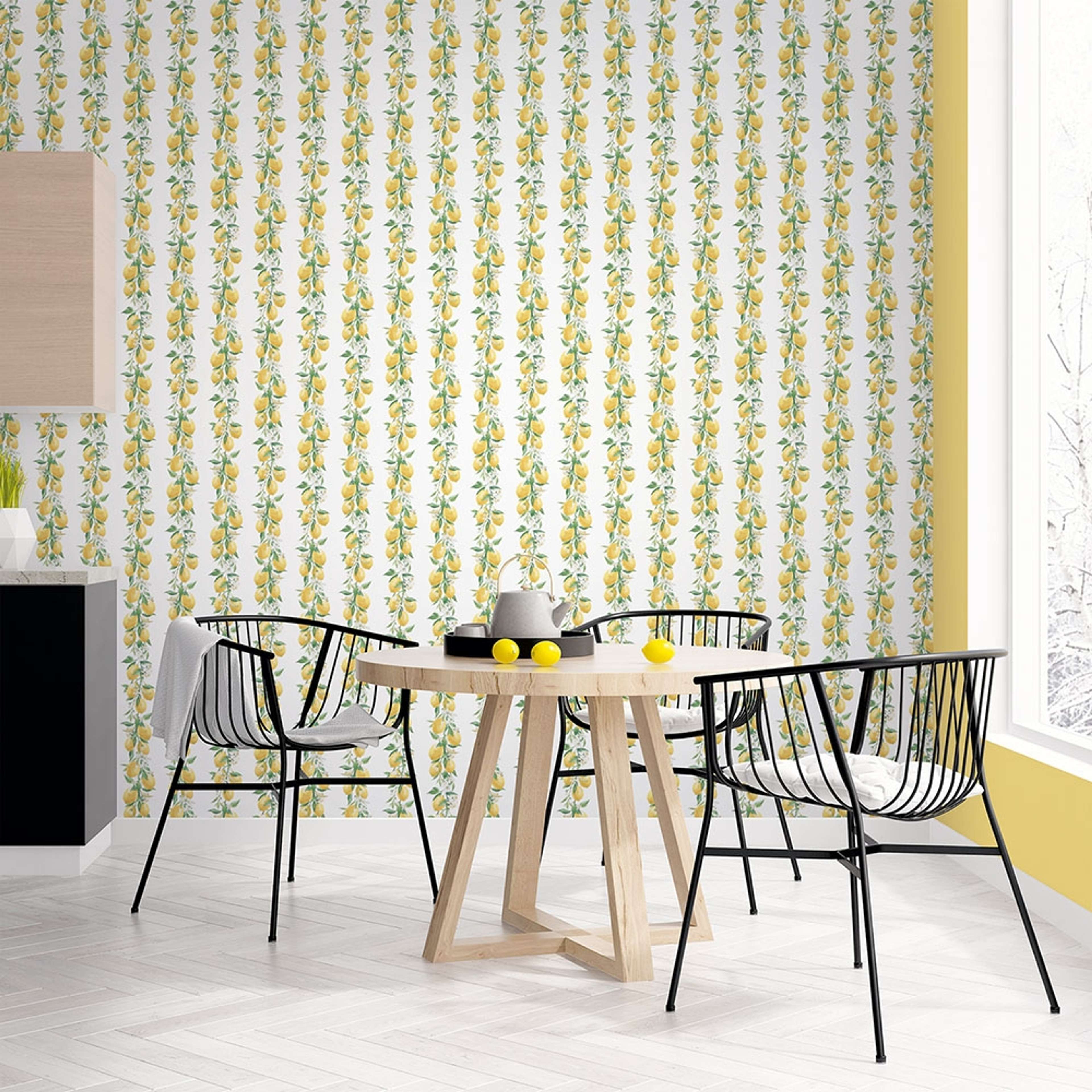 Lemon Stripe tapet med botaniskt mönster i grön. Från kollektionen Just Kitchens. Nonwoven-material.