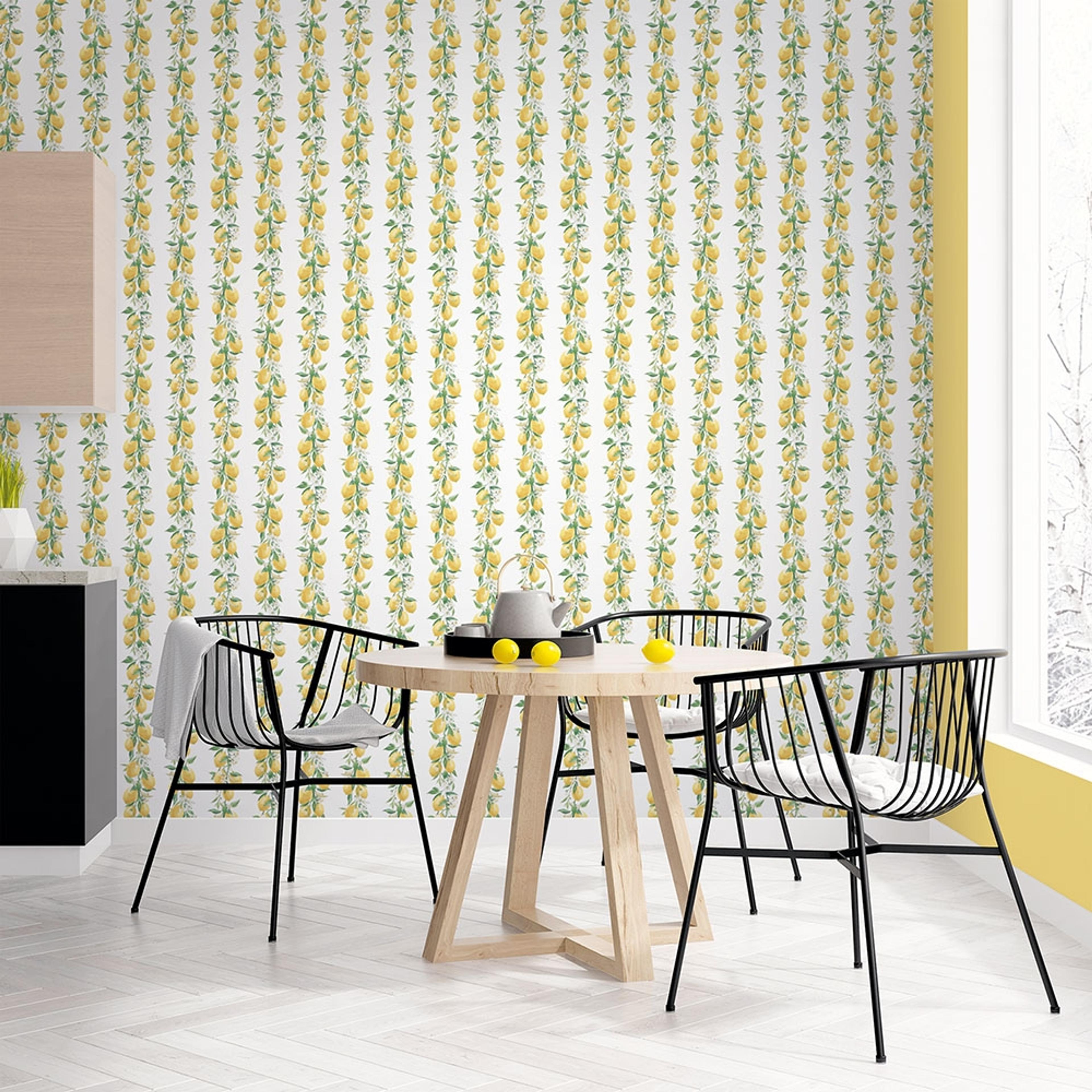 Lemon Stripe tapet med botaniskt mönster i grön. Från kollektionen Just Kitchens. Nonwoven-material.
