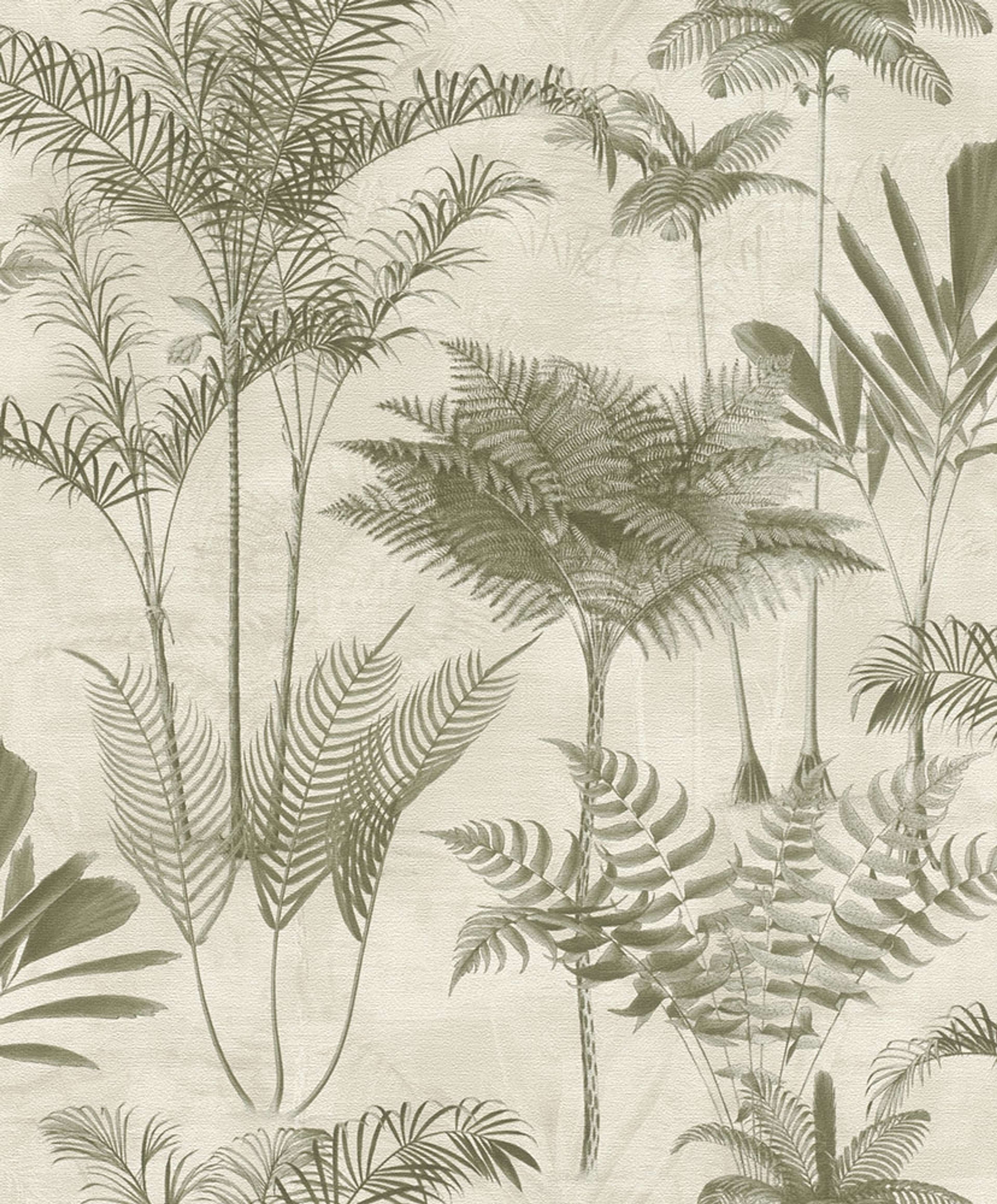 Serengeti 555141 tapet med botaniskt mönster i grön. Från kollektionen Serengeti. Nonwoven-material med förskjuten passning. Passar i vardagsrum och matsal.