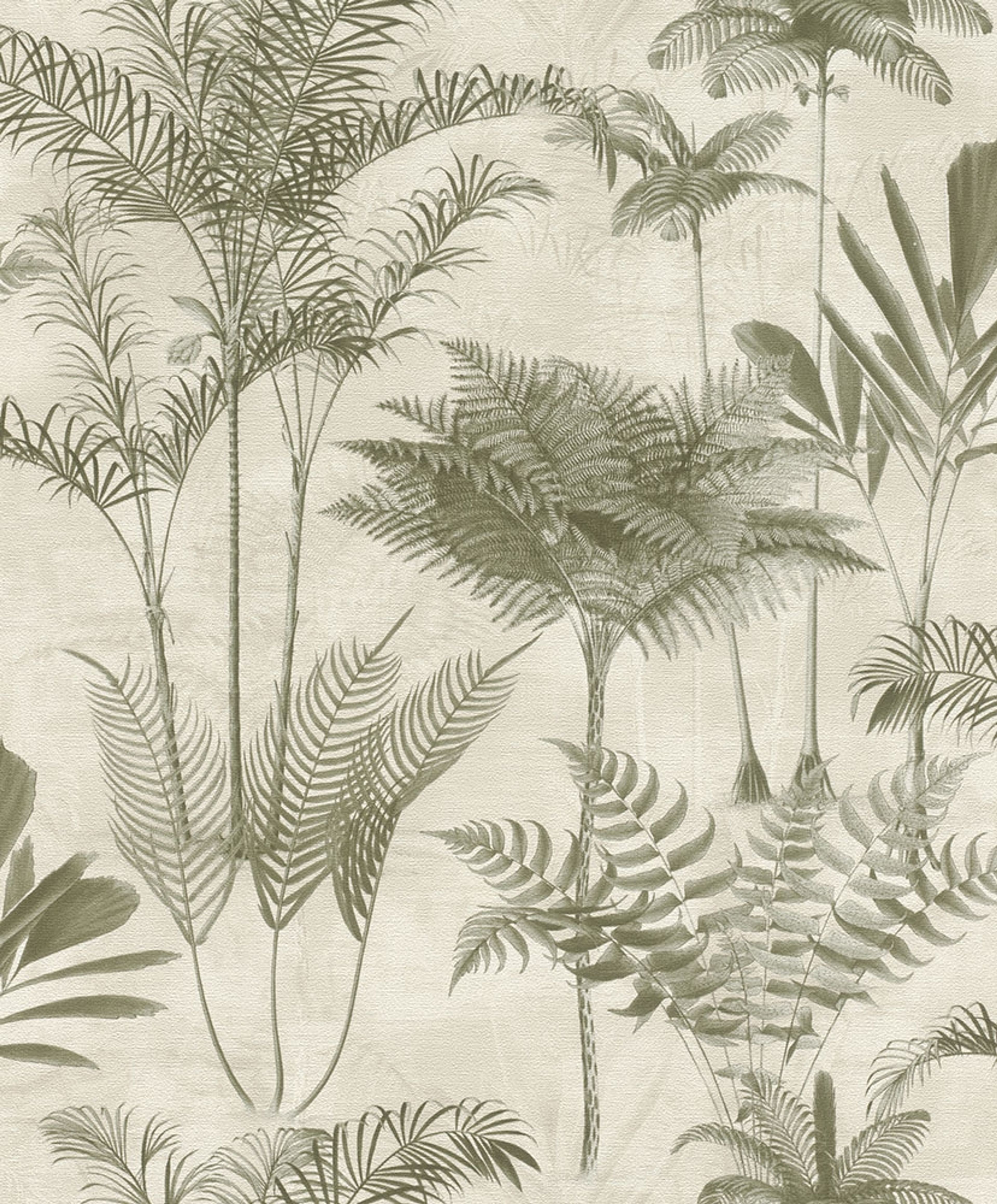 Serengeti 555141 tapet med botaniskt mönster i grön. Från kollektionen Serengeti. Nonwoven-material med förskjuten passning. Passar i vardagsrum och matsal.