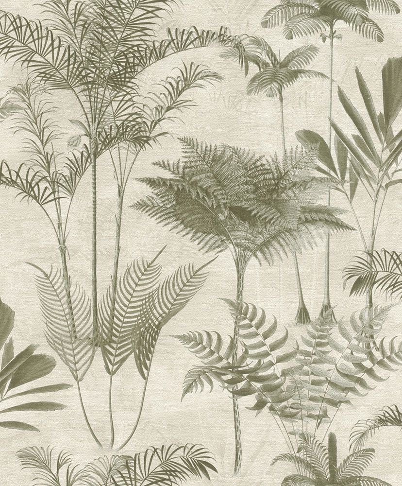 Serengeti 555141 tapet med botaniskt mönster i grön. Från kollektionen Serengeti. Nonwoven-material med förskjuten passning. Passar i vardagsrum och matsal.