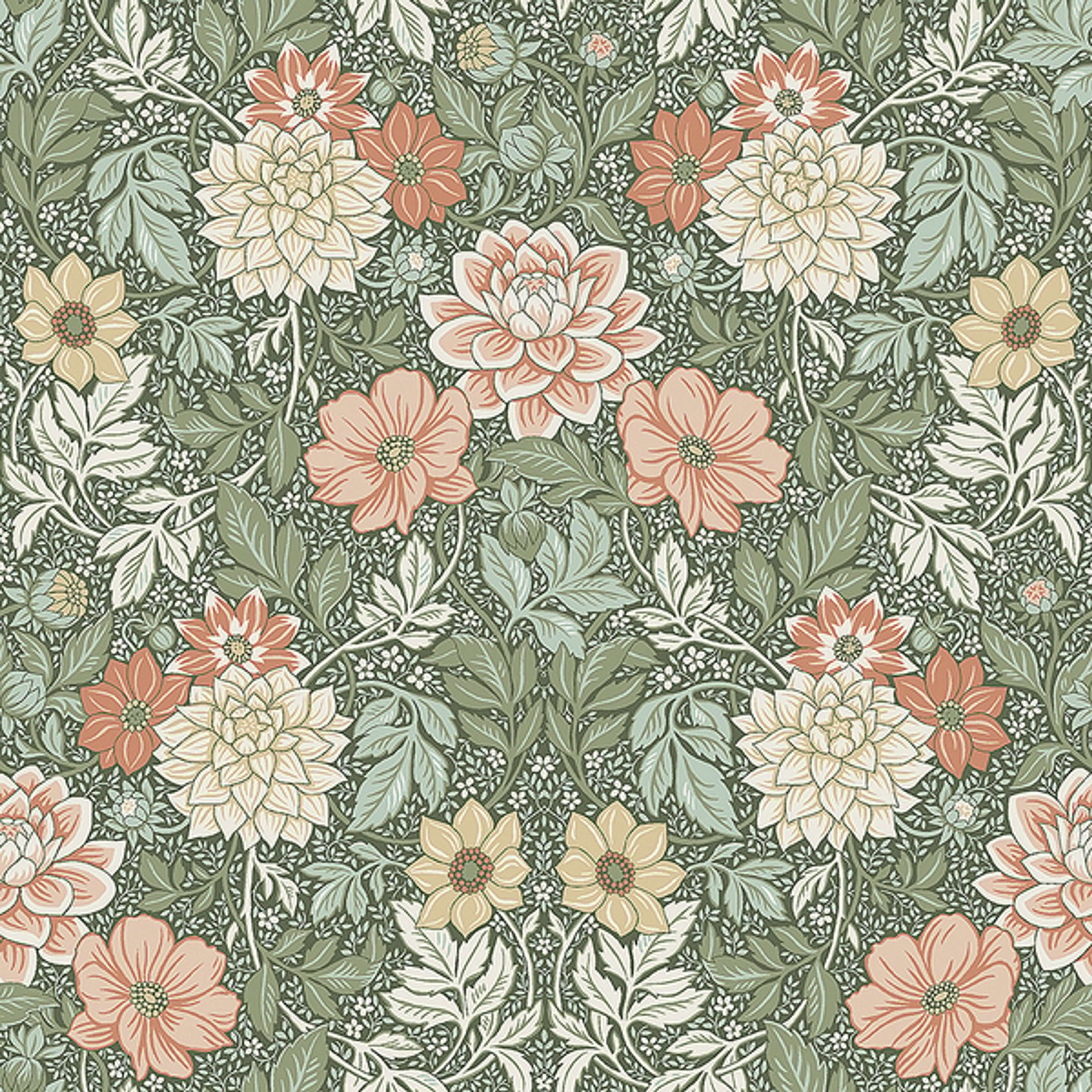 Dahlia Garden tapet från Boråstapeter med blommigt mönster i grön. Från kollektionen Falsterbo III. Nonwoven-material med rak passning. Country-stil.