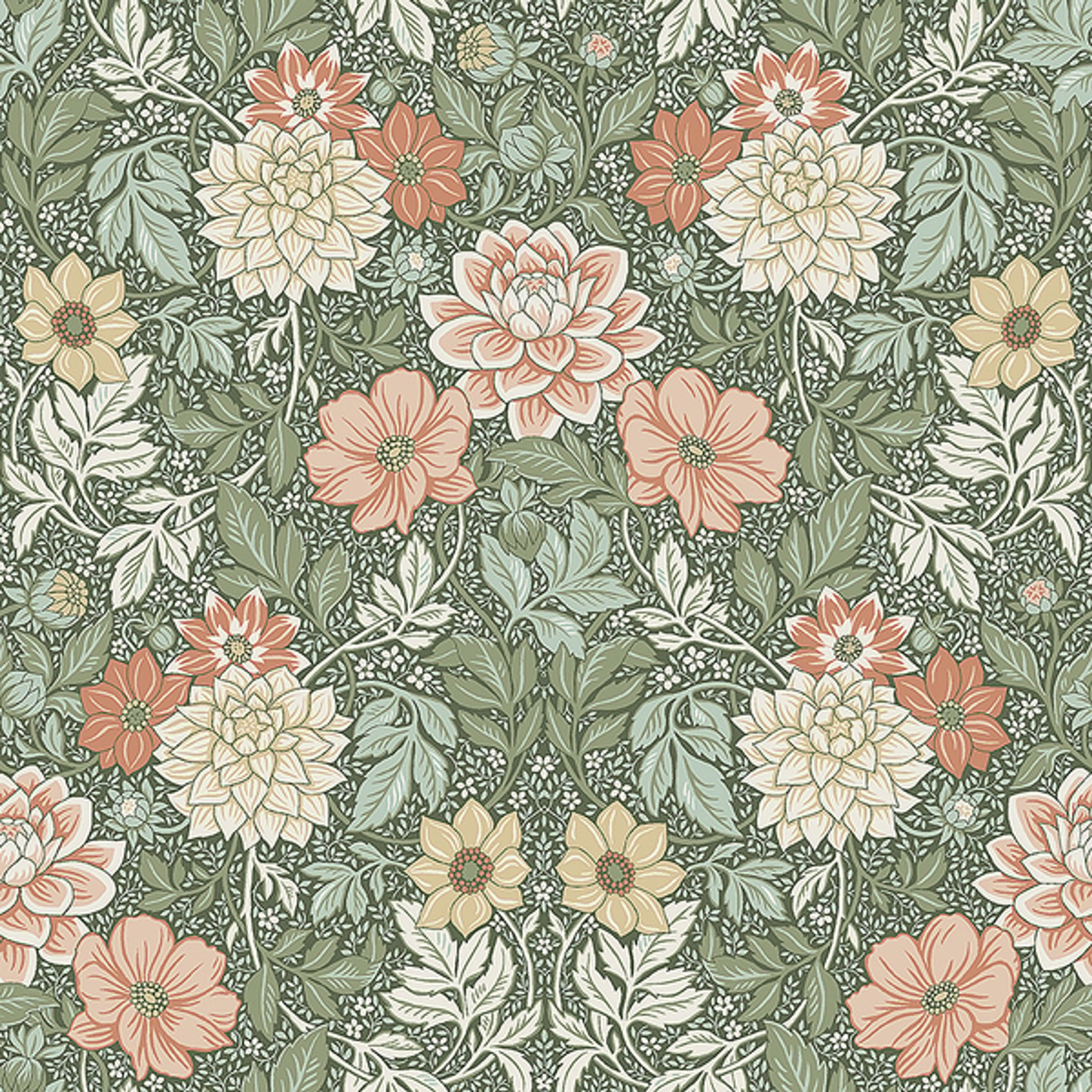 Dahlia Garden tapet från Boråstapeter med blommigt mönster i grön. Från kollektionen Falsterbo III. Nonwoven-material med rak passning. Country-stil.