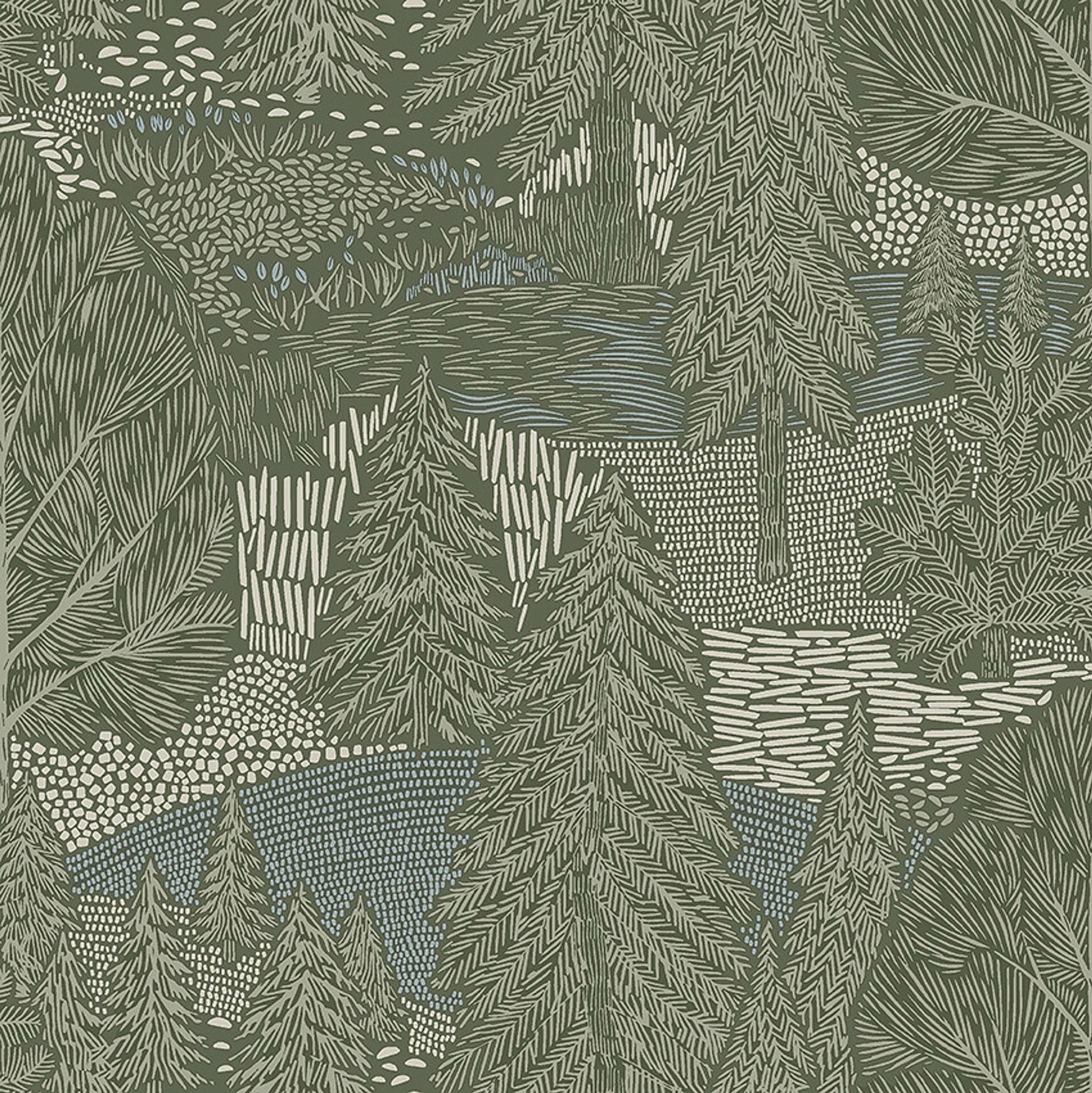 Northern Forest tapet med botaniskt mönster i grön. Från kollektionen Woodland. Nonwoven-material med förskjuten passning.