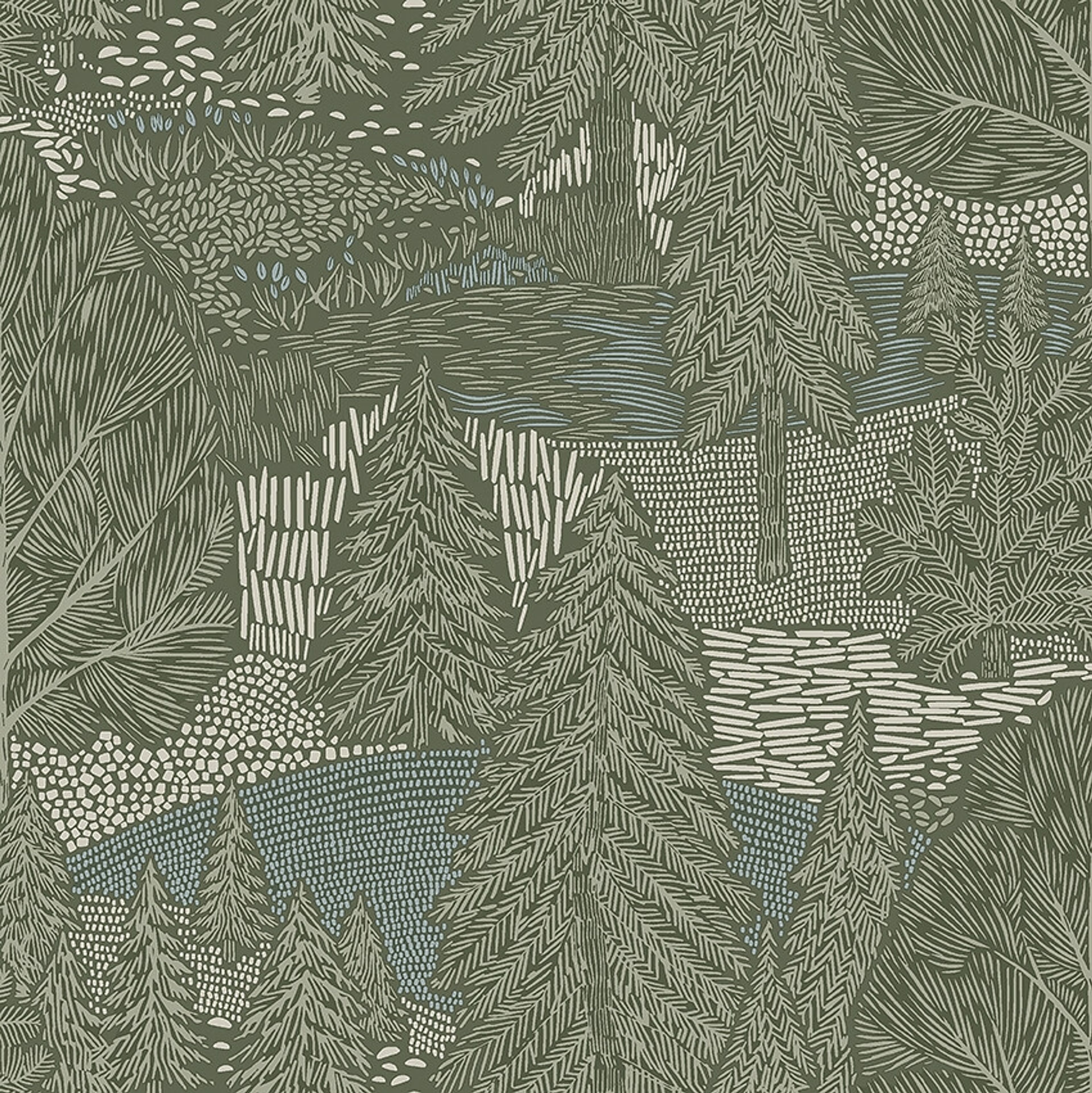 Northern Forest tapet med botaniskt mönster i grön. Från kollektionen Woodland. Nonwoven-material med förskjuten passning.
