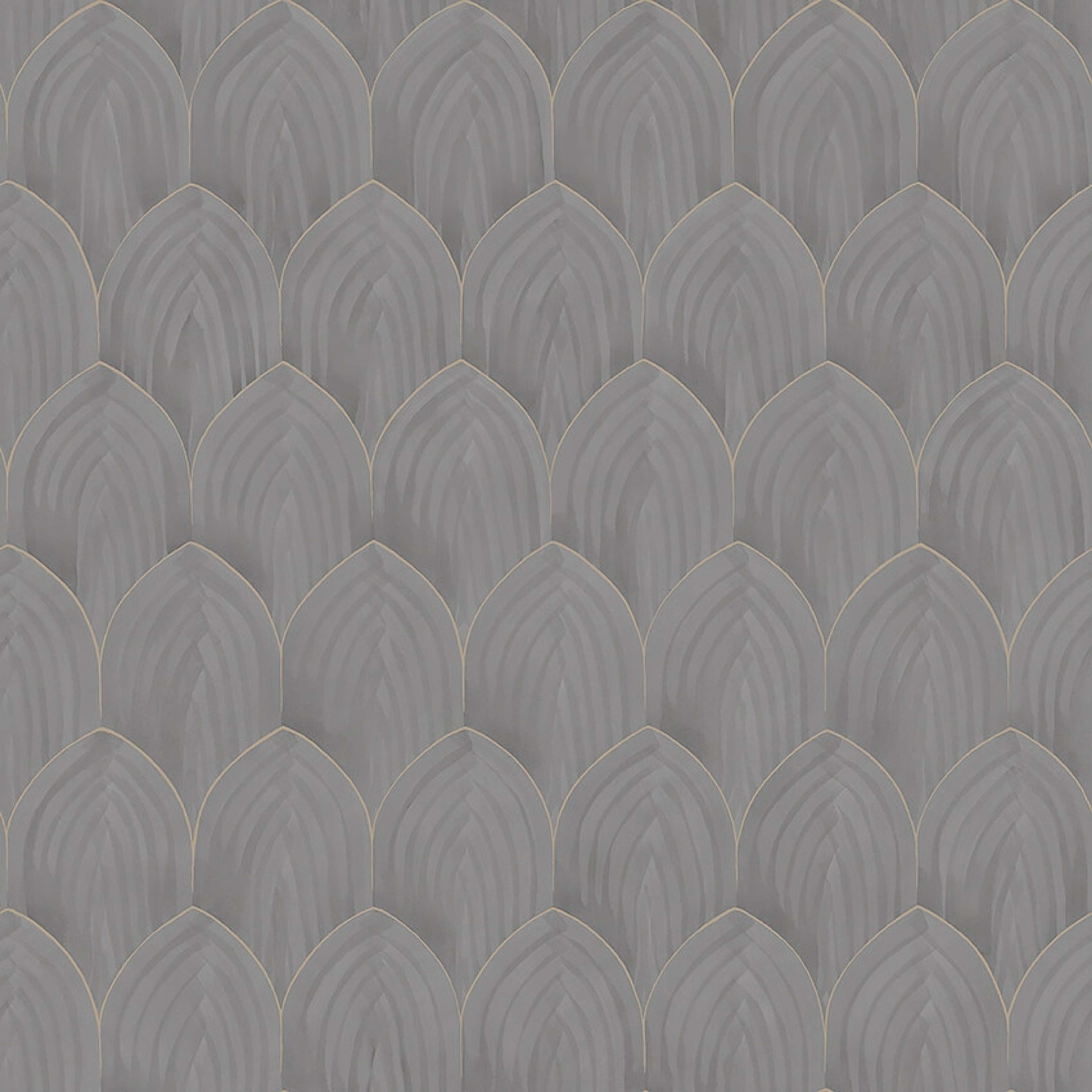 Golden Arches tapet tapet med geometriskt mönster i grå. Från kollektionen Dreamy Escape. Nonwoven-material med rak passning. Passar i vardagsrum och matsal.