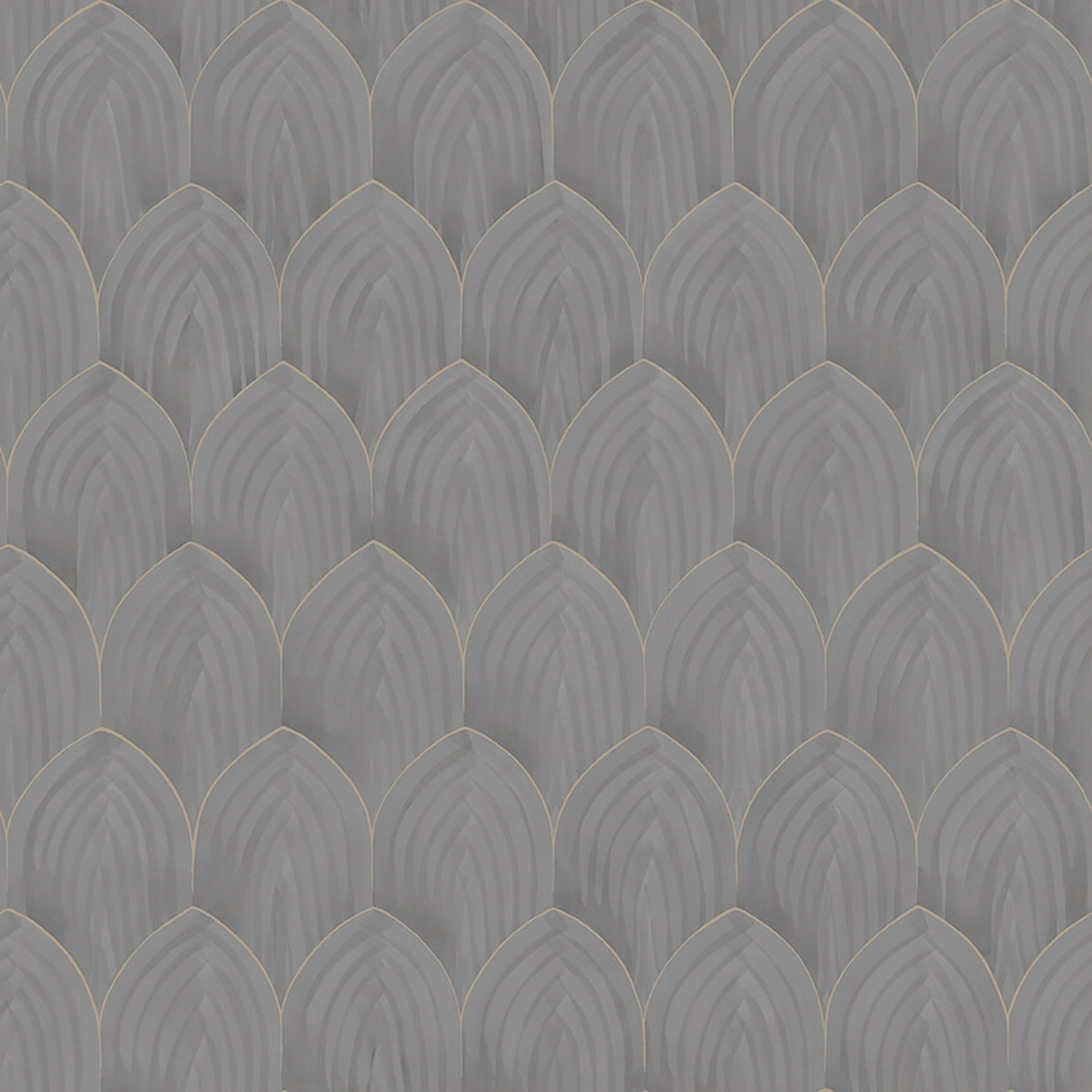 Golden Arches tapet tapet med geometriskt mönster i grå. Från kollektionen Dreamy Escape. Nonwoven-material med rak passning. Passar i vardagsrum och matsal.