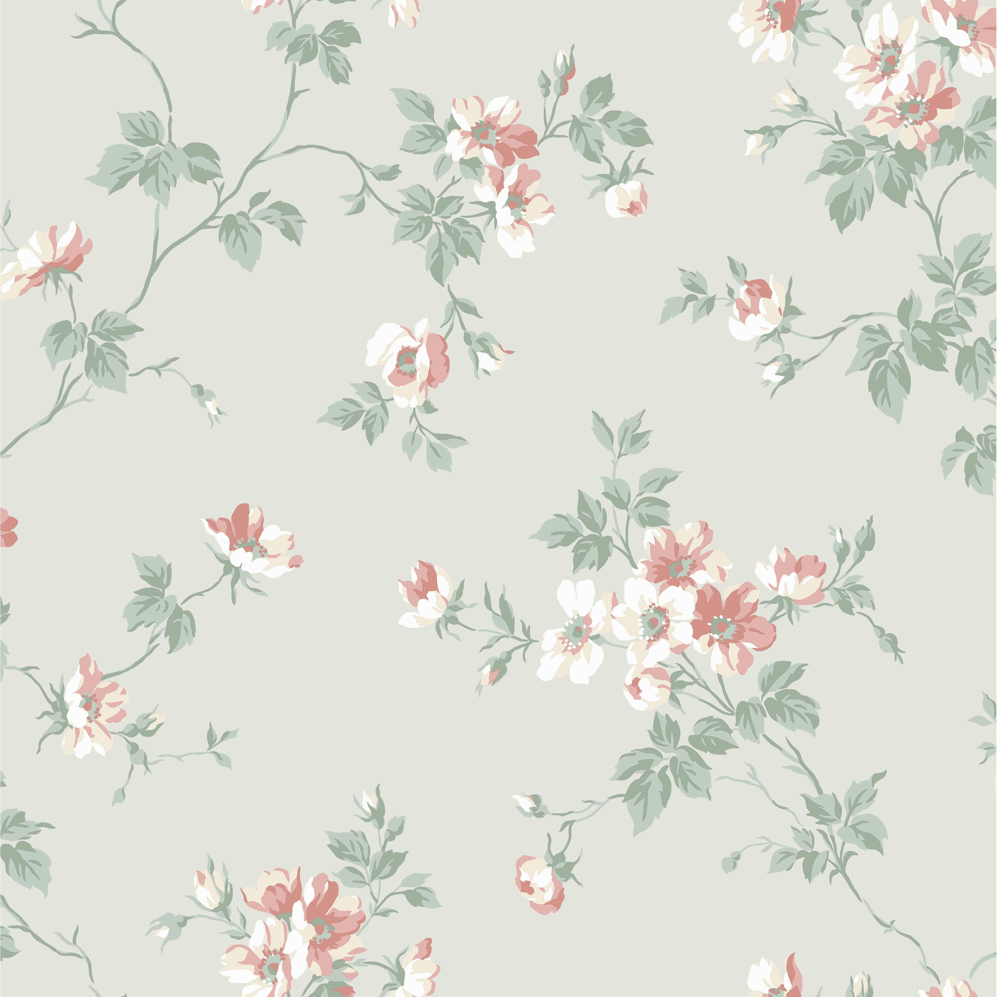 Kristina, grön tapet från duro med blommigt mönster i rosa och grön. Från kollektionen Duro 1900. Nonwoven-material med förskjuten mönsterpassning.