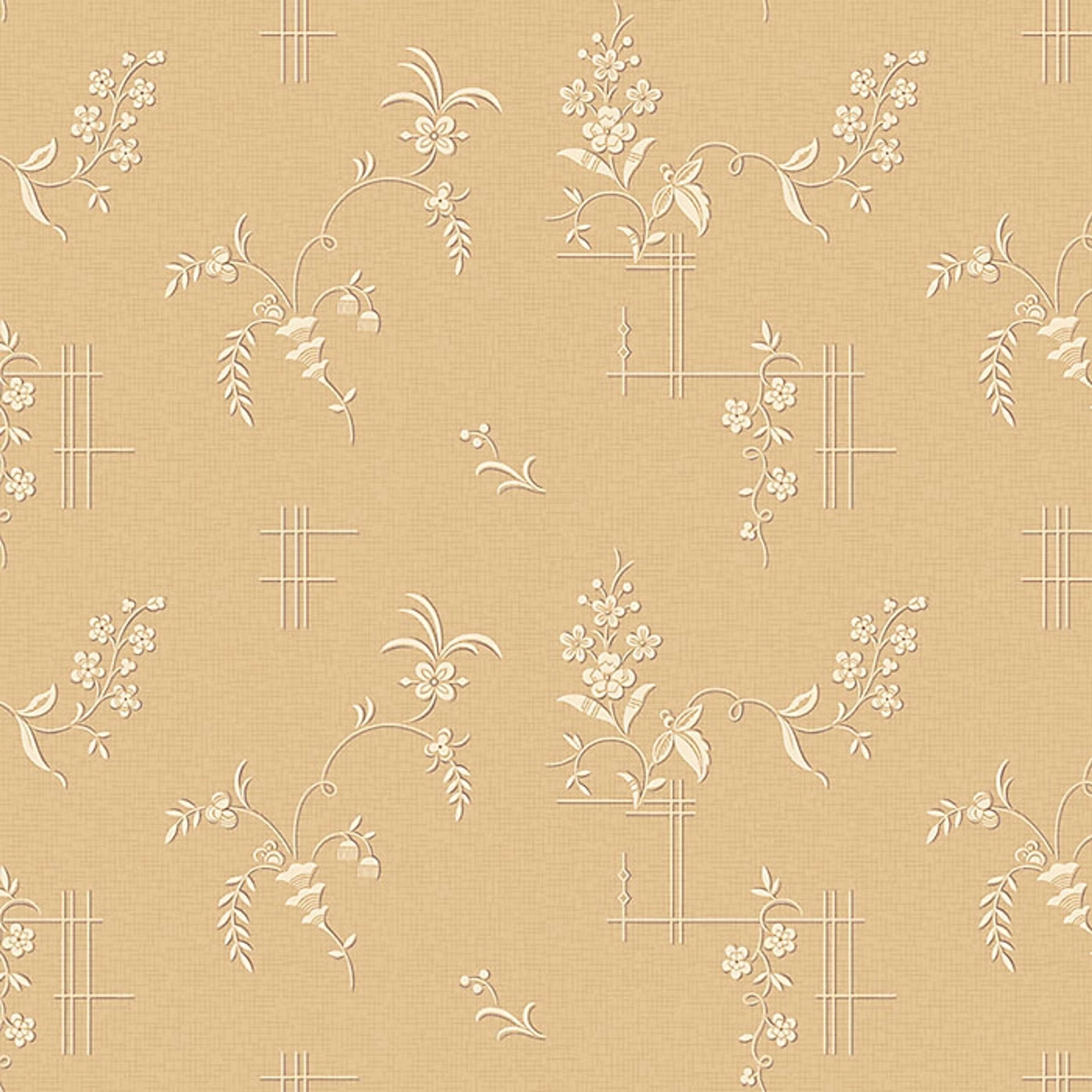 Ulricehamn tapet från Boråstapeter med blommigt mönster i vit, gul och brun. Från kollektionen anno. Nonwoven-material med förskjuten passning. Passar i sovrum och matsal.