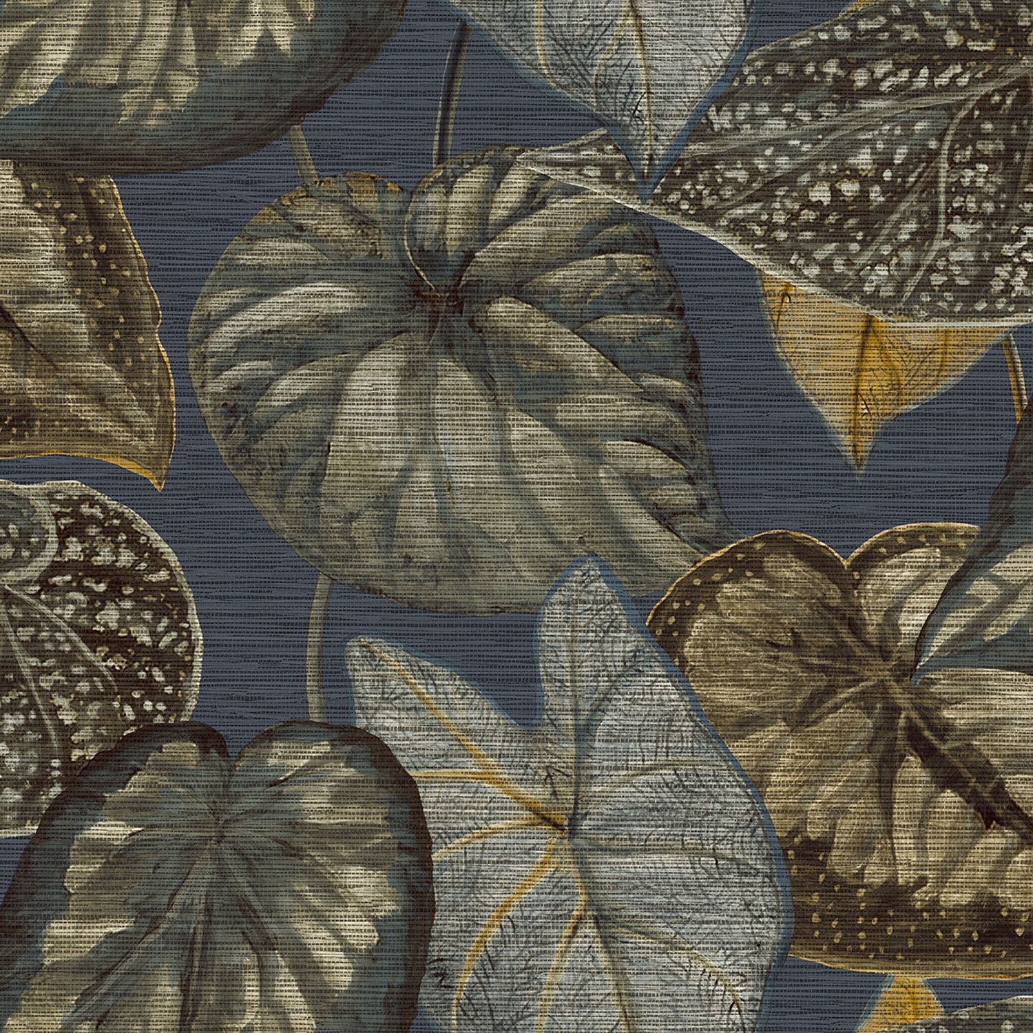 Tropical Leaves tapet med botaniskt mönster i blå. Från kollektionen Tahiti. Nonwoven-material med förskjuten passning. Passar i vardagsrum, matsal och hall.