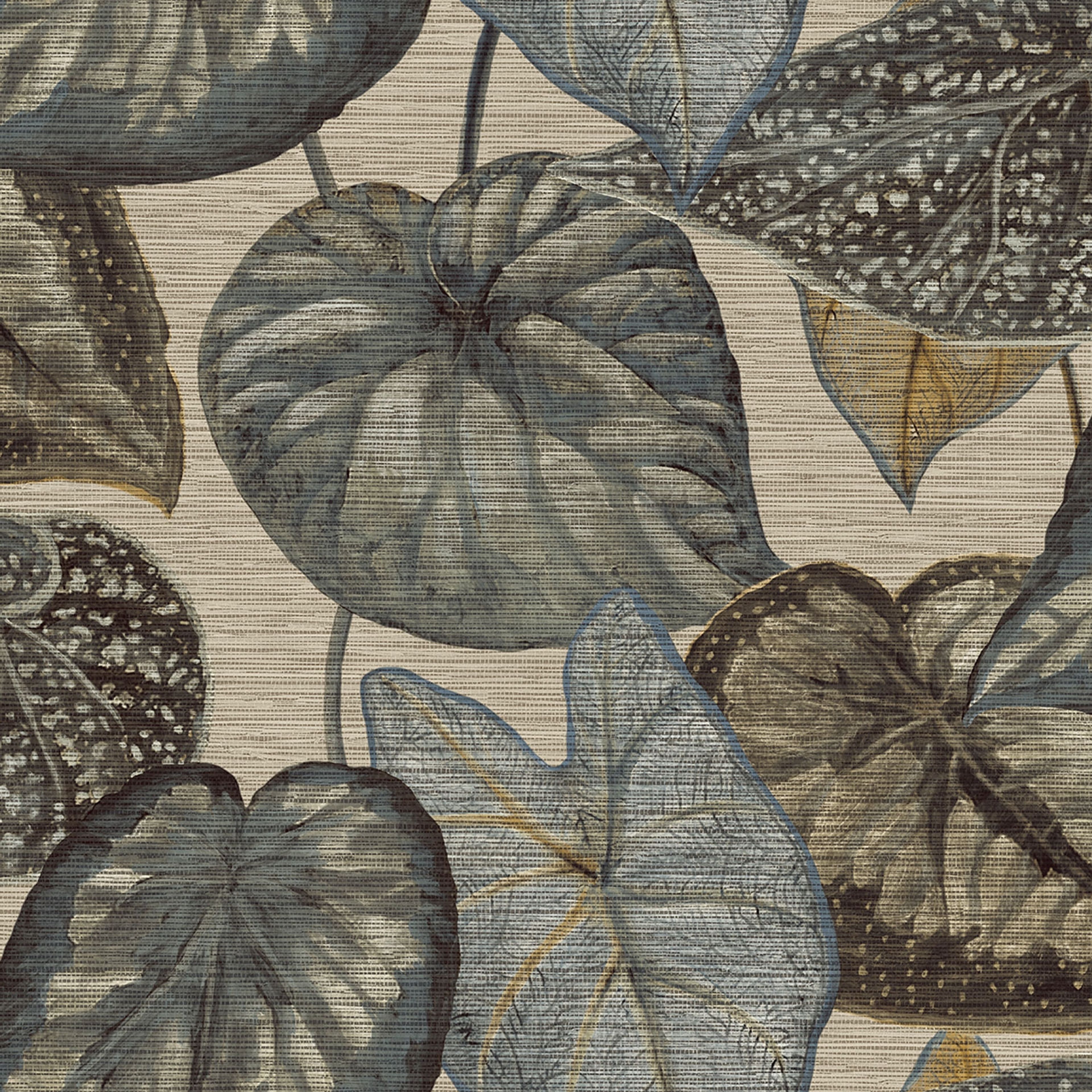 Tropical Leaves tapet med botaniskt mönster i brun och beige. Från kollektionen Tahiti. Nonwoven-material med förskjuten passning. Lyx-stil. Passar i vardagsrum, matsal och hall.