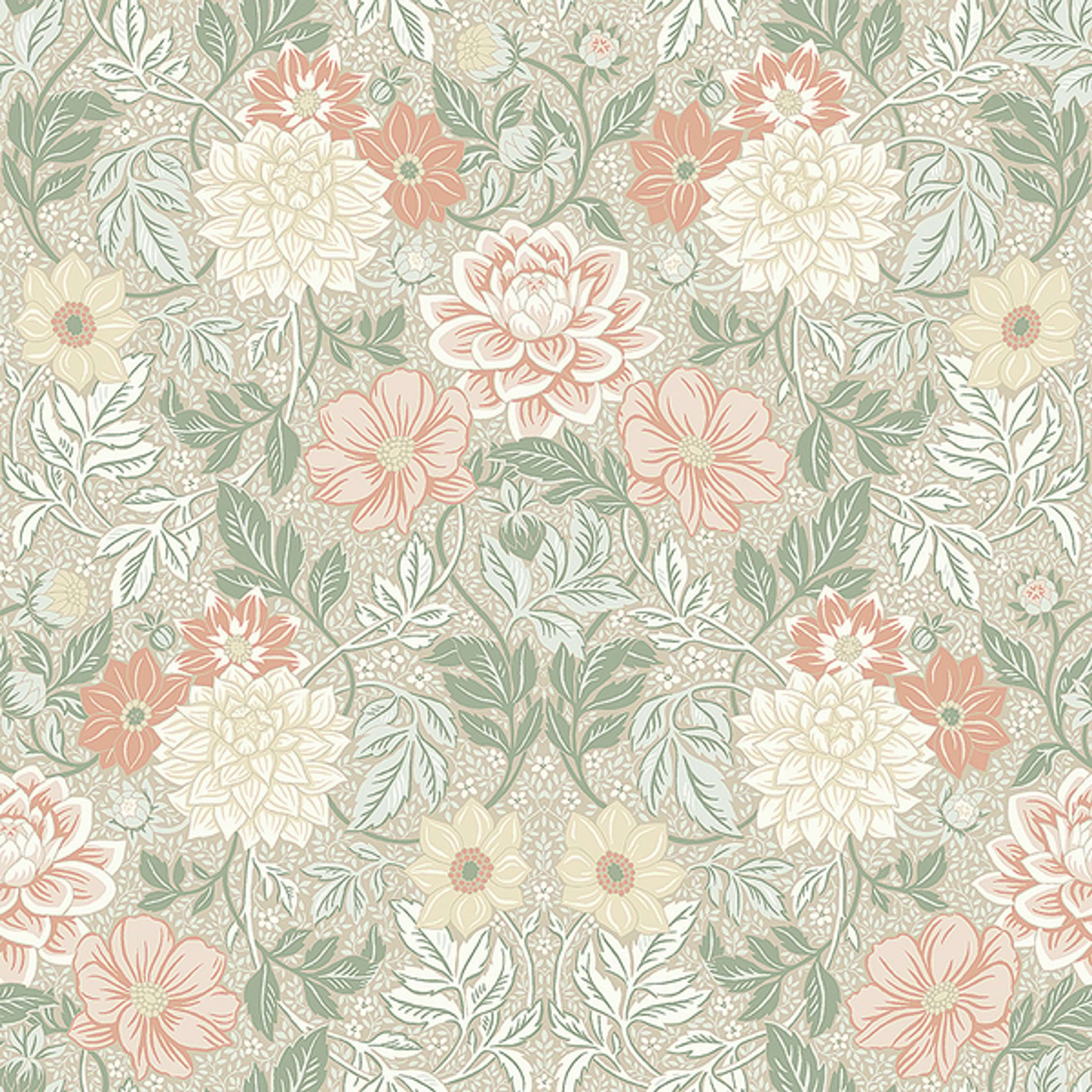 Dahlia Garden tapet från Boråstapeter med blommigt mönster i beige. Från kollektionen Falsterbo III. Nonwoven-material med rak passning. Country-stil.