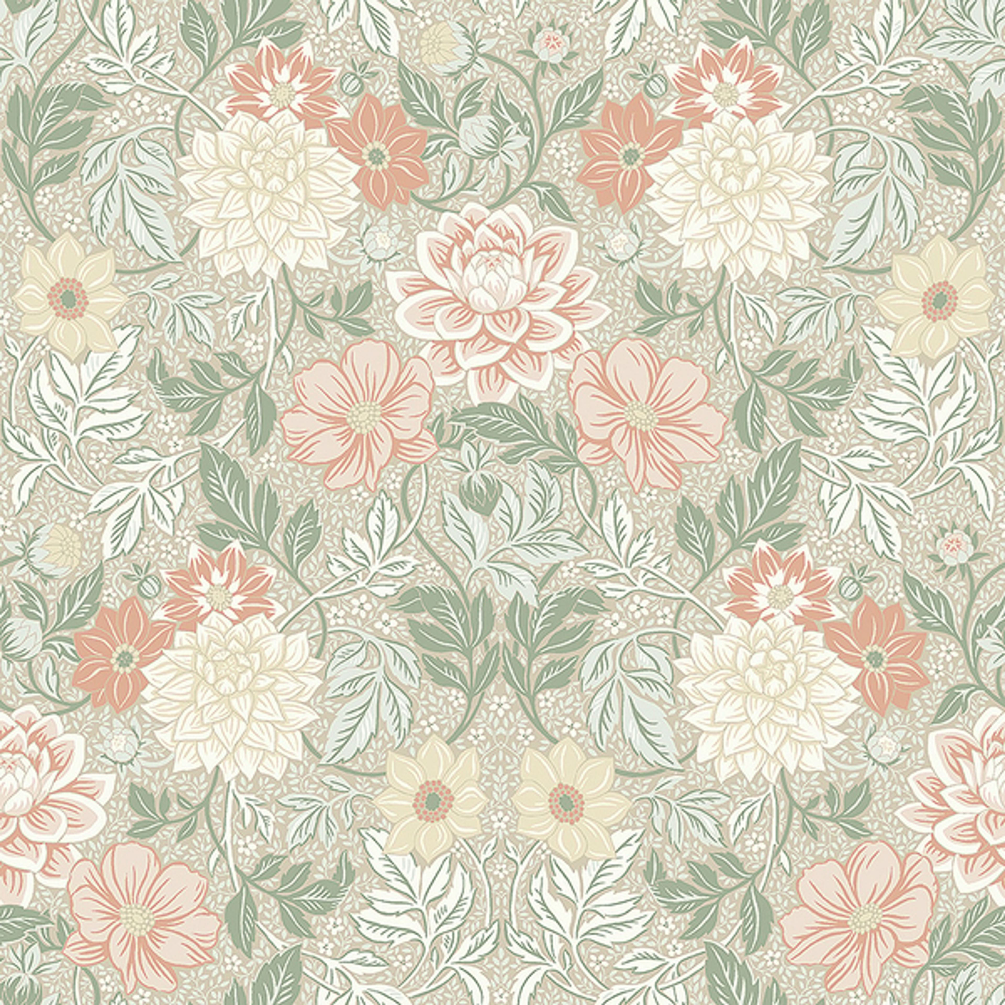 Dahlia Garden tapet från Boråstapeter med blommigt mönster i beige. Från kollektionen Falsterbo III. Nonwoven-material med rak passning. Country-stil.