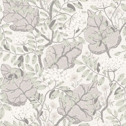 Ulla-Britt tapet med blommigt mönster i vit och grå. Från kollektionen Lina. Nonwoven-material med rak passning.