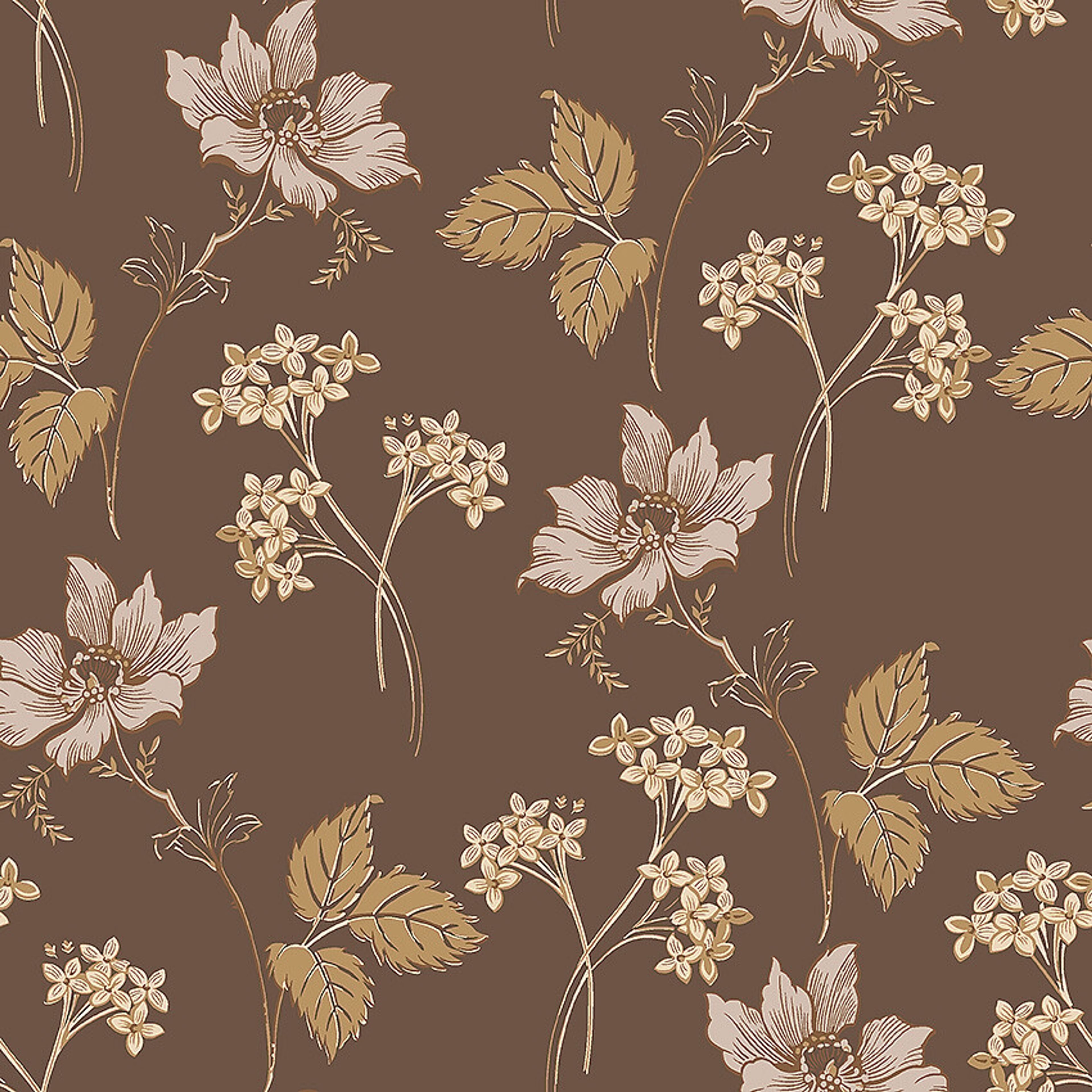 Valborg brun tapet tapet med blommigt mönster i brun. Från kollektionen Swedish Grace. Nonwoven-material med rak passning. Passar i vardagsrum.